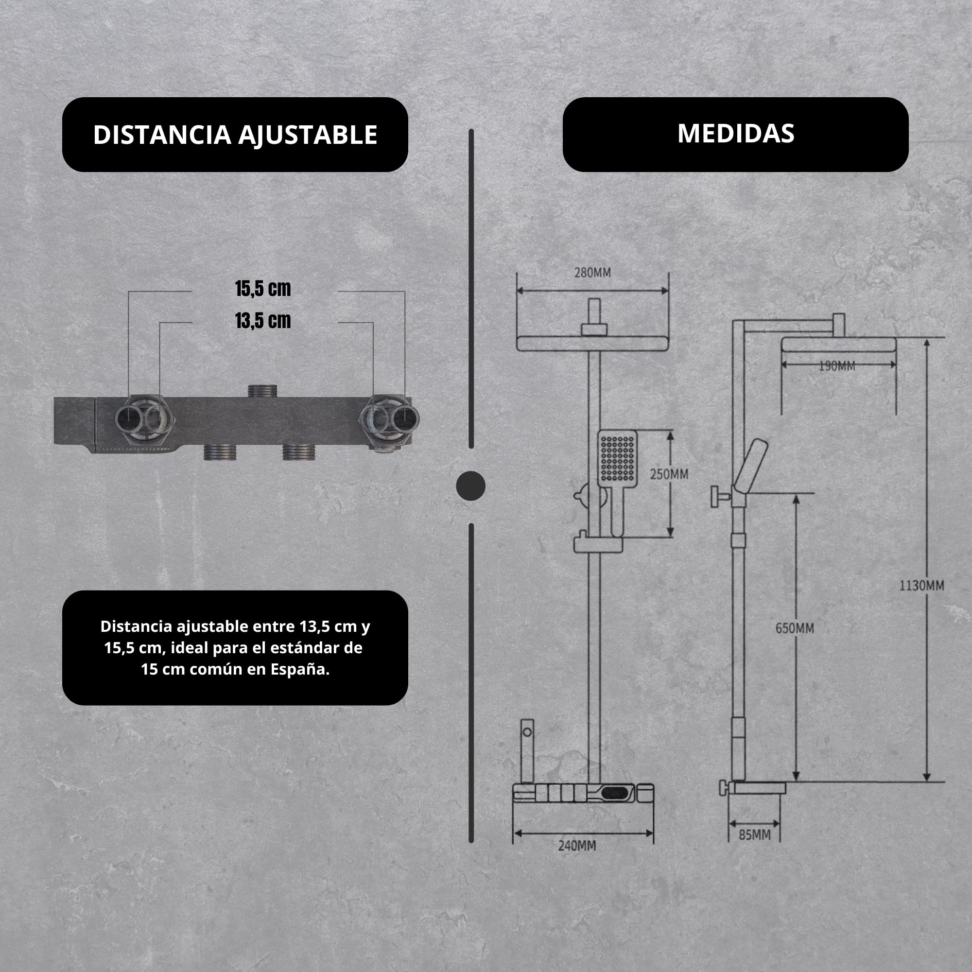 Columna Ducha Negra con Grifo. Alcachofa modo Lluvia. Ducha de Mano con 3 Modos SPA. Grifo para Llenar Bañera y Pistola de Limpieza con Manguera. Construido en Acero Inox y PVC. LED Temperatura