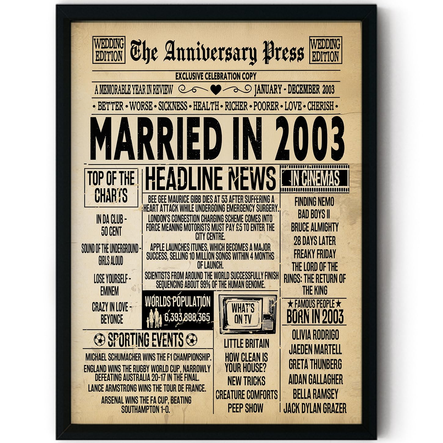 Stuff4 23rd Anniversary Poster Framed - Married In 2003 Newspaper - 23 Wedding Anniversary for Men Women Retro Vintage Gifts Back In 2003, 8x10 Inch Anniversaries Posters