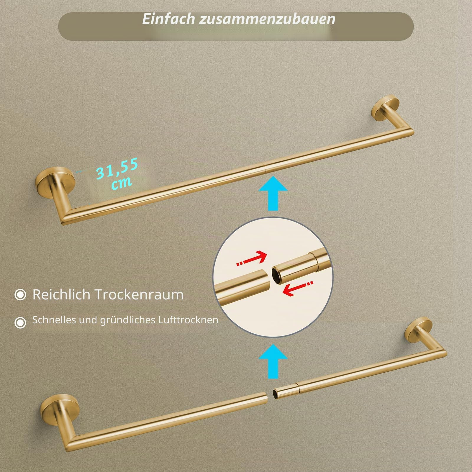 JunSun Handtuchstange 76,2 cm Badezimmer Handtuchhalter Heavy Duty Badetuchhalter Modern Handtuchstange Gebürstetes Messing Handtuchhalter Badezimmer Zubehör Gold Handtuchhalter Edelstahl