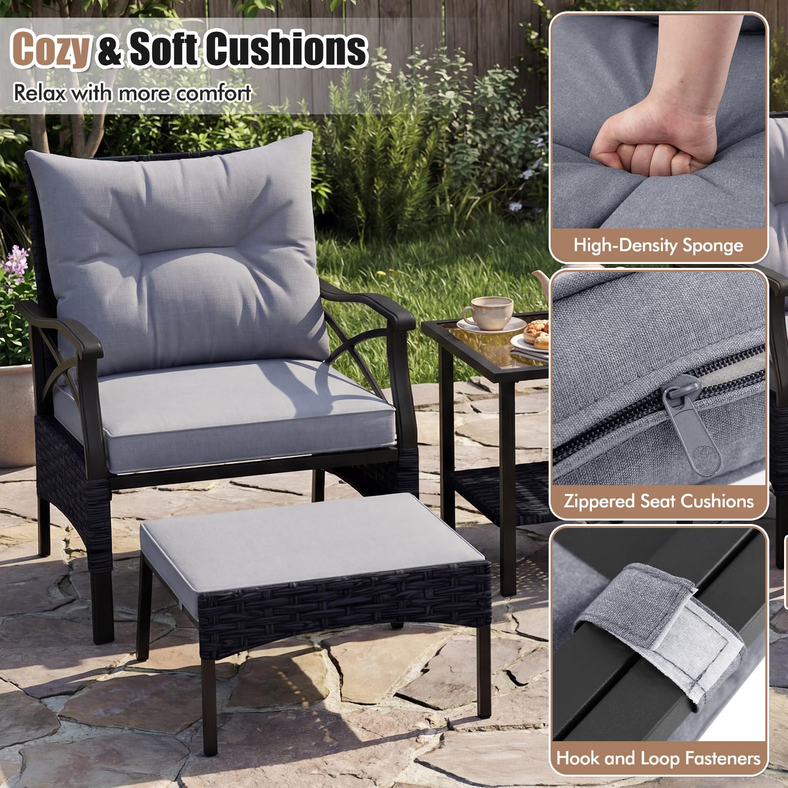 LIFEZEAL Salón de jardín exterior de ratán PE, juego de jardín exterior, 5 piezas, 2 sillones con cojines y 2 reposapiés, mesa de cristal con un estante, sillones, para terraza y patio (gris)