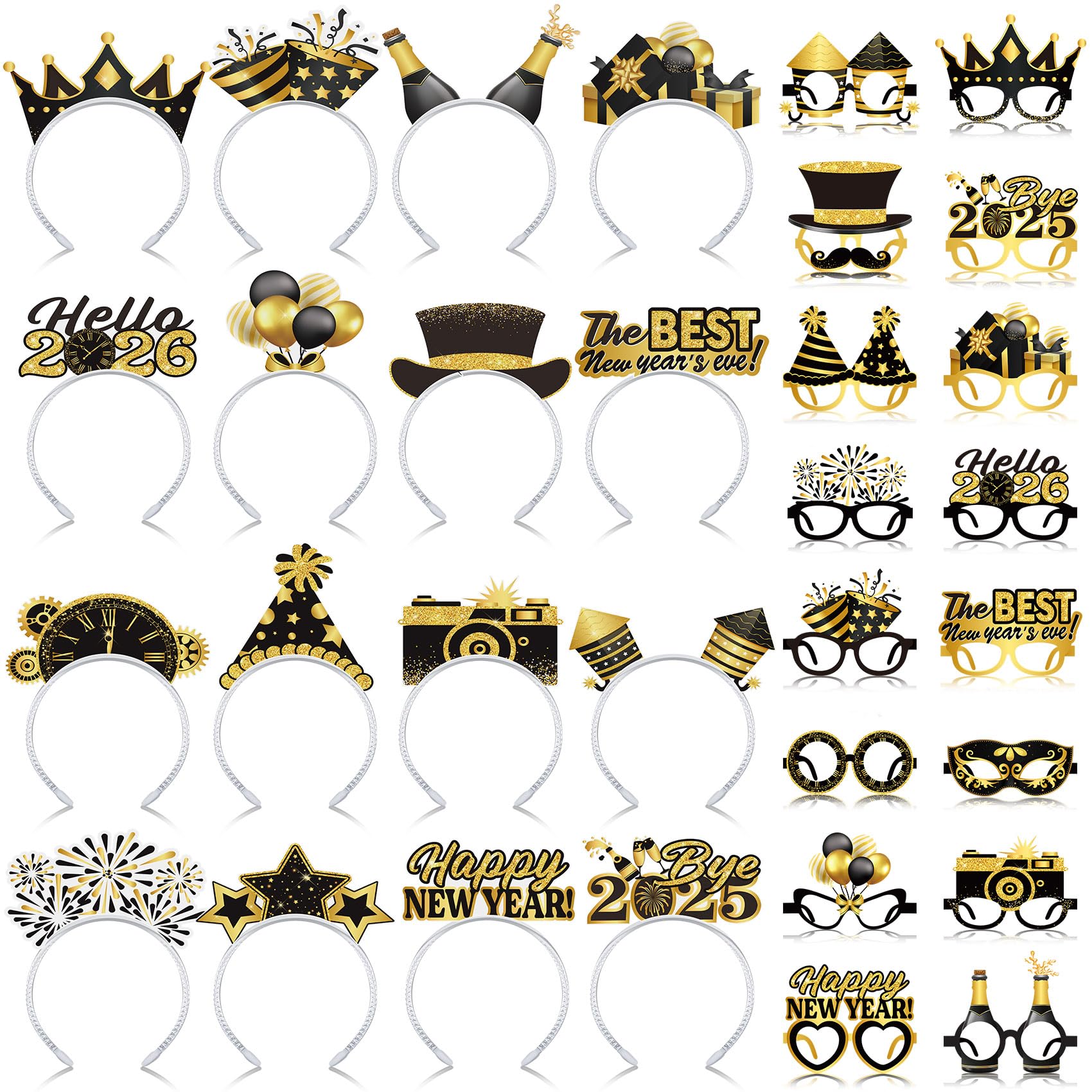 Photo 1 of Pajean 32 Pcs New Year Eve Party Supplies 2026 Include 16 Paper Eyeglasses and 16 Paper Headbands Happy New Year Photo Booth Props for Black Gold 2026 Eve Party Decoration Favors Accessories