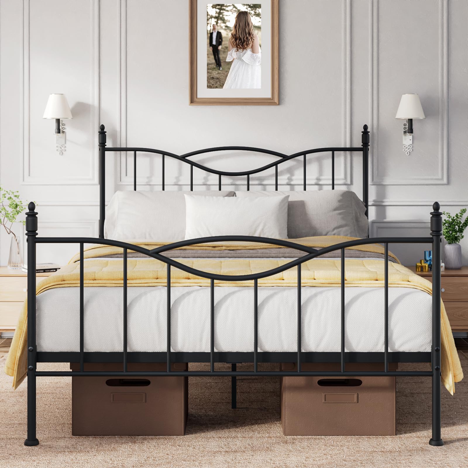 Florise Queen Size Bed Frame with Headboard,14 Inch Tall Metal Platform Bed Frame Mattress Foundation with Footboard, Under Bed Storage, Strong Metal