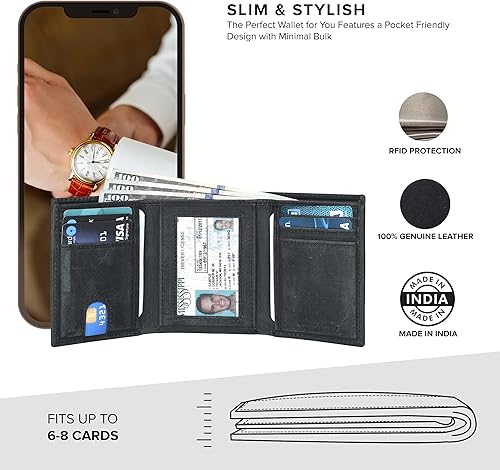 Miniatura 2 de Billetera triple de cuero real para hombre, delgada para tarjetas de crédito, soporte frontal para tarjetas de crédito, billeteras de triple pliegue