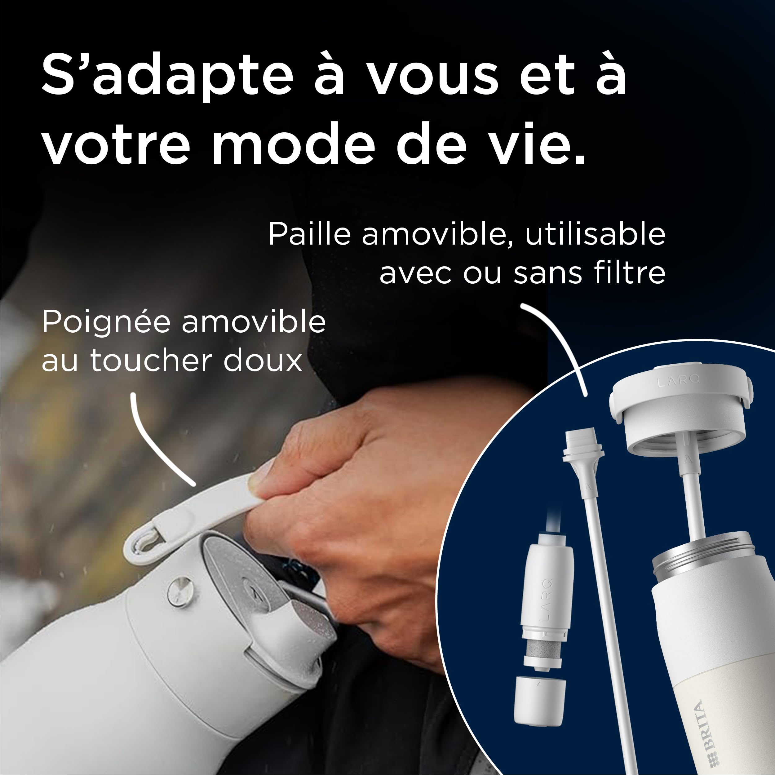 BRITA LARQ iQ gourde filtrante connectée noire 680 ml en inox, appli suivi hydratation, filtre charbon actif + LED UV-C, réduit jusqu’à 99,99% des bactéries, PFAS et micro-impuretés.