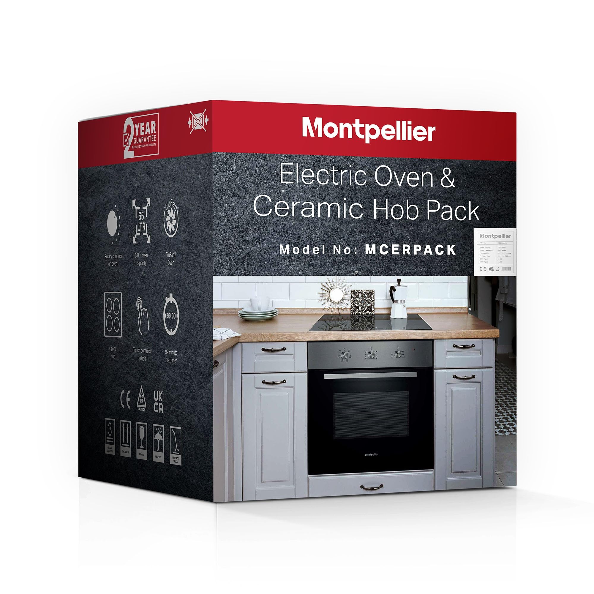 Montpellier MCERPACK Integrated Single Electric Oven & Ceramic Hob Pack – Built-In Fan Oven with 4-Zone Ceramic Hob, Stylish Black Glass Finish, Energy Efficient, Easy Clean Interior