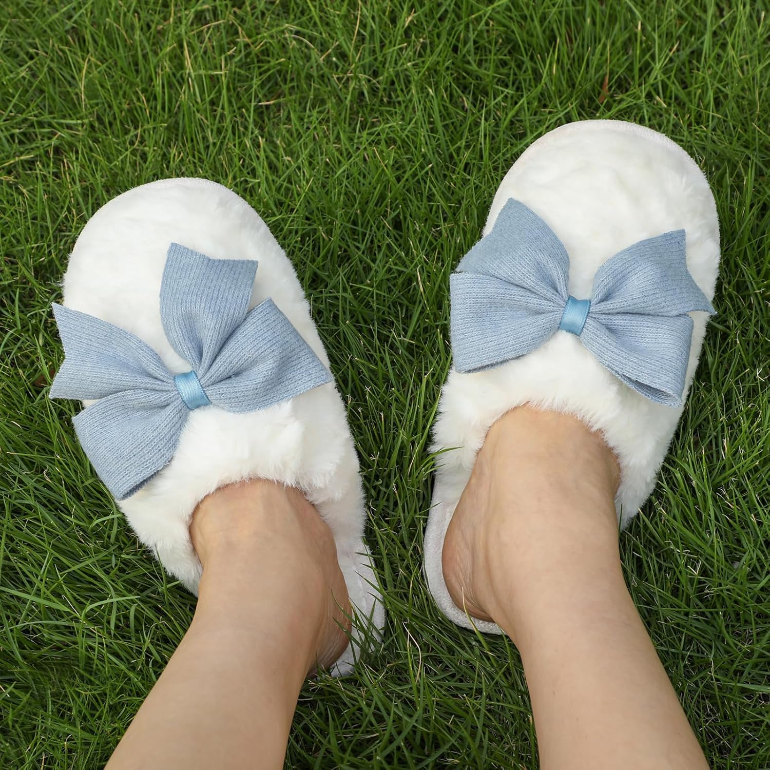 Women's Cute Bow Slippers Cartoon House Fur Shoes Cozy Indoor Momory Foam Outdoor - Image 2