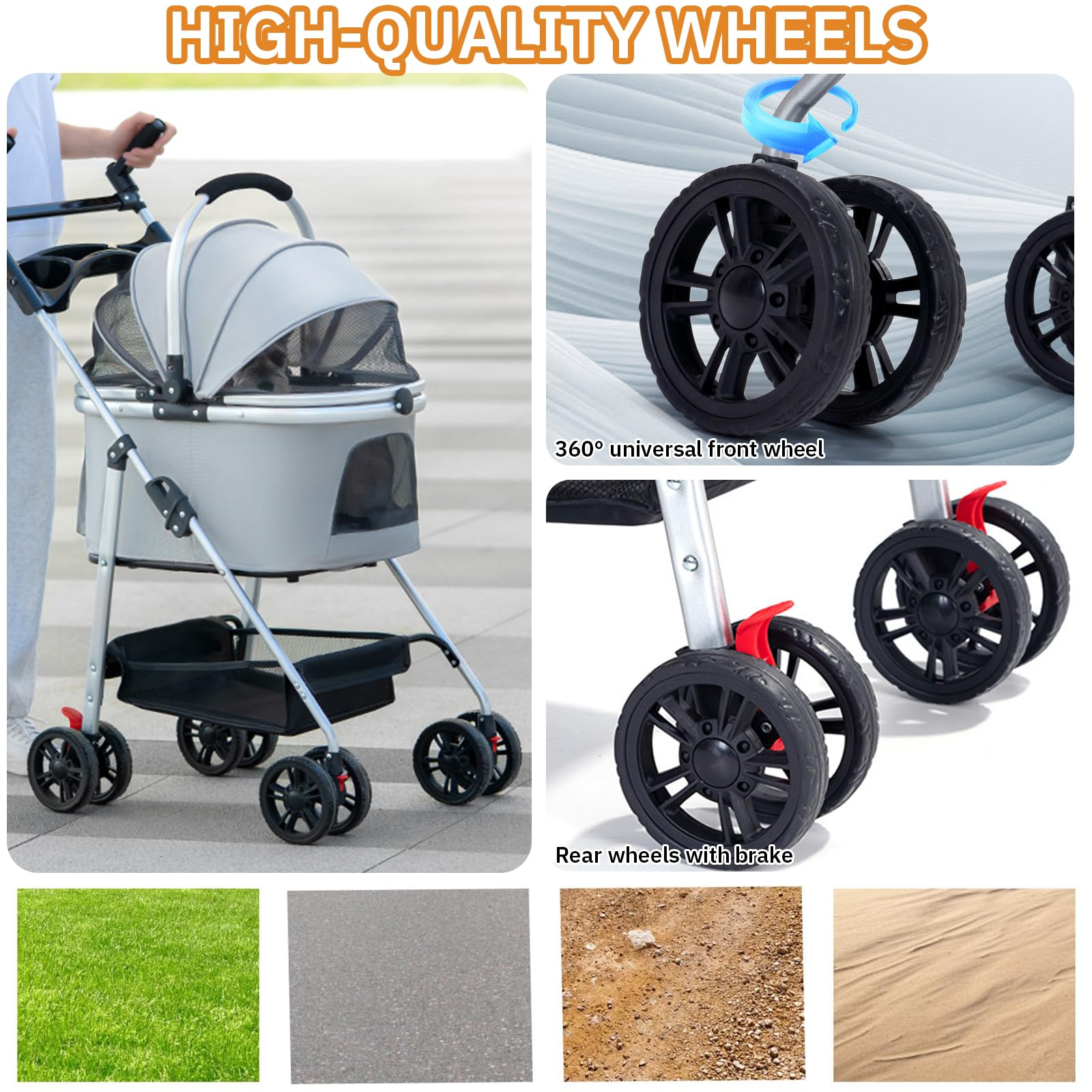 Carrito De Transporte 3 En 1 para Gatos, hasta 15 Kg, Carrito Portátil para Mascotas, Carrito para Perros con Ventana De Red Y Soporte para Bebidas para Gatos Pequeños Y Medianos