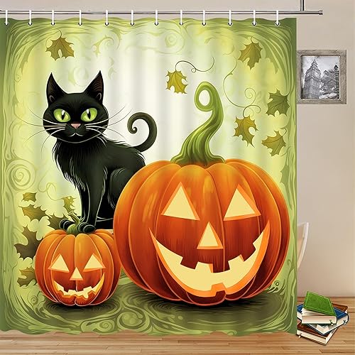 Cortinas de ducha de Halloween, diseño divertido de calabaza de dibujos animados naranja y gato negro, decoración de baño para niños, juego de