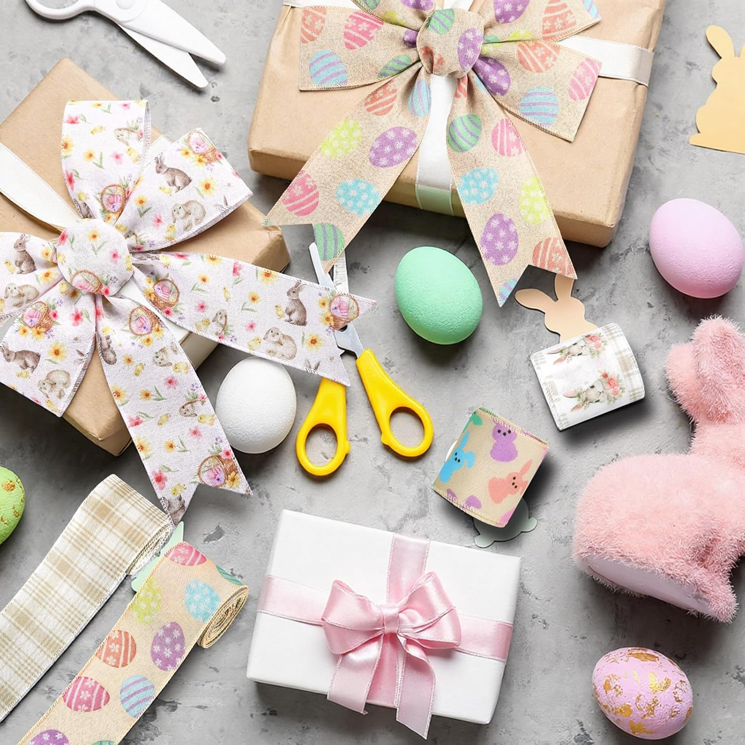 Condition photo showing New/Like New for frienda 6 rolls 36 yards easter wired edge ribbon 2.5 inch spring bunny fabric ribbons watercolor rabbit plaid rustic wrapping ribbons for easter gift wreath diy bow craft
