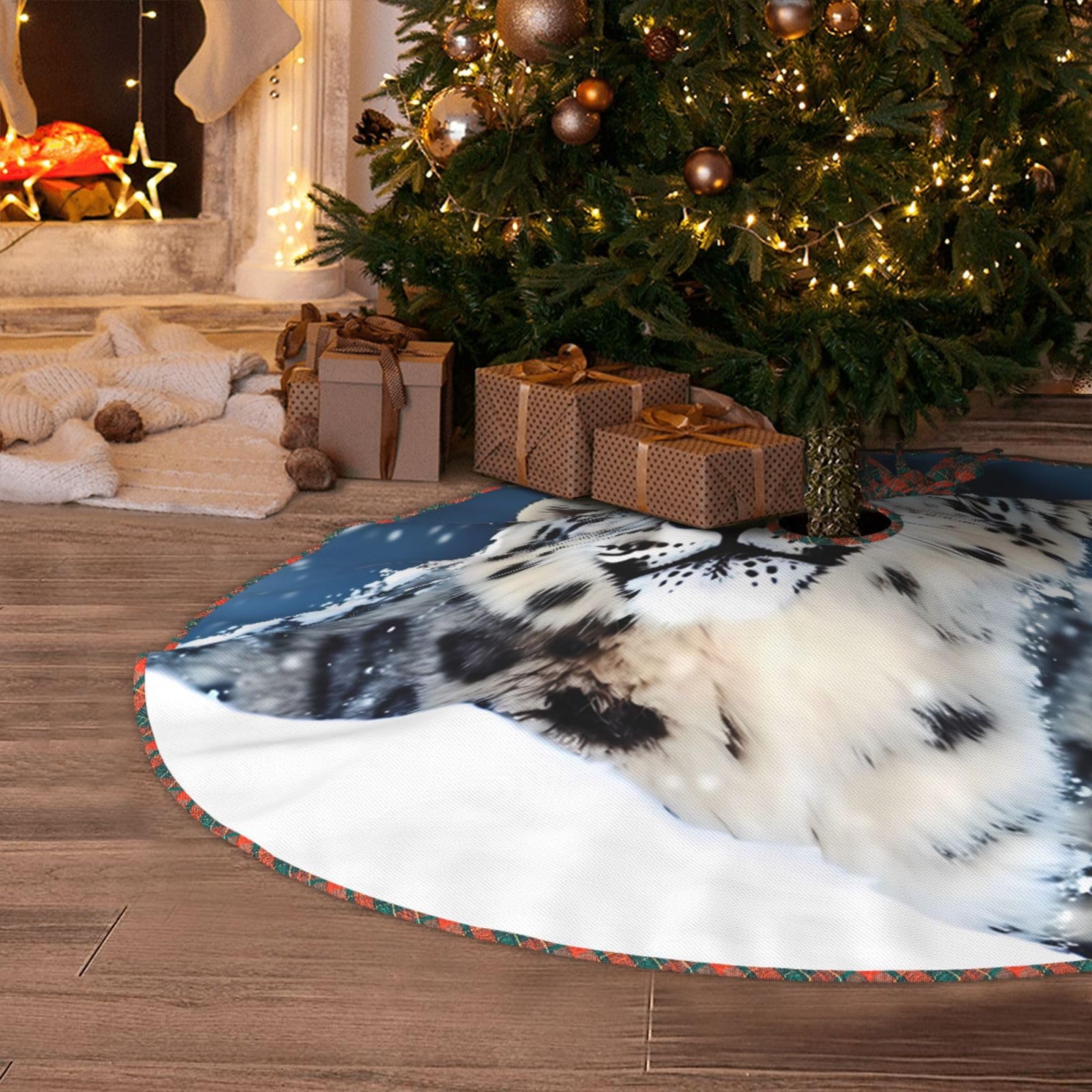 Blue Eyed Snow Leopard Christmas Tree Skirt 30" Artificial Tree Mat Cover Merry Christmas Burlap Xmas Tree Skirt for Christmas Decoration Holiday Indoor Outdoor Winter Party Decor