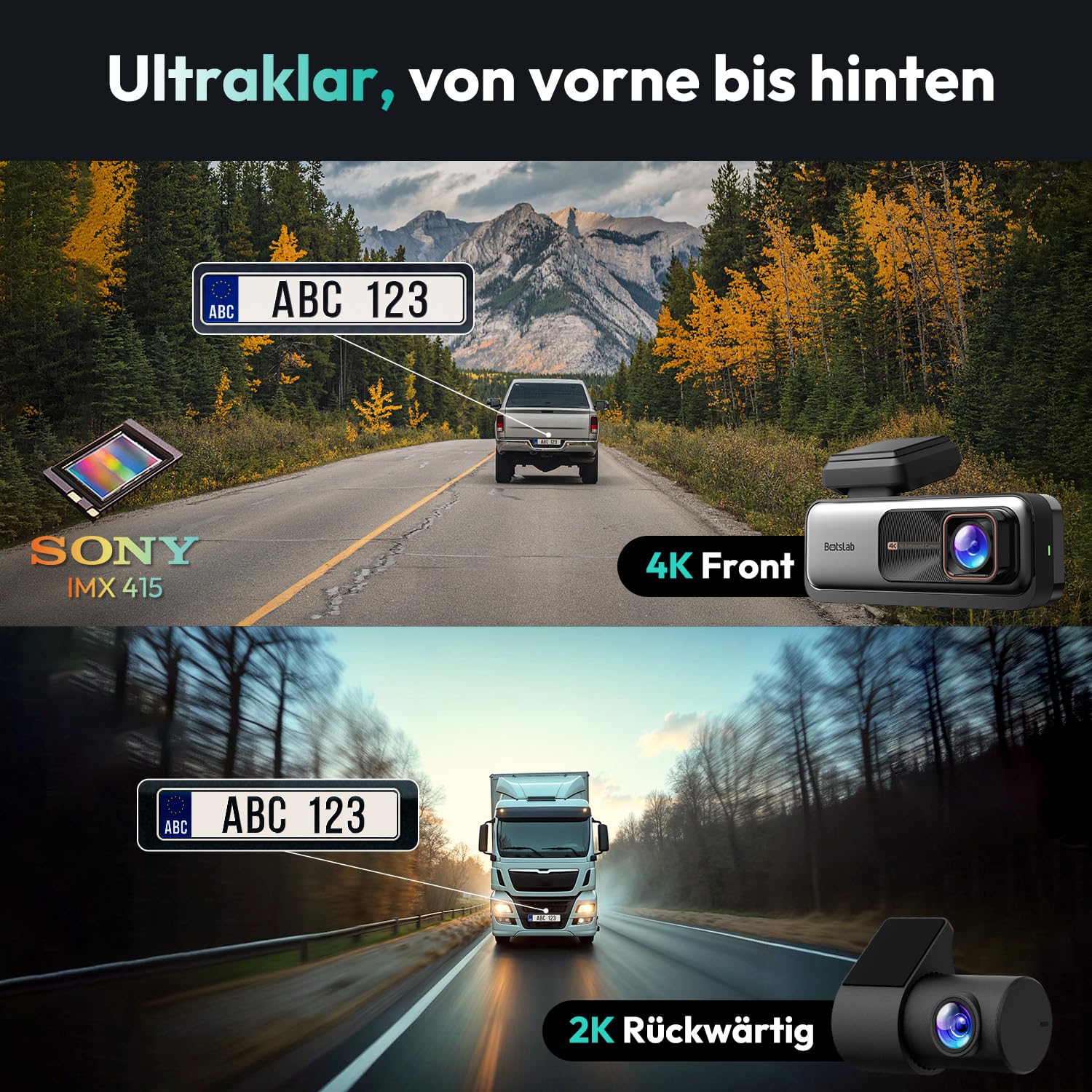 BOTSLAB Dashcam 4K+2K mit GPS WiFi Hardwire-Kit ADAS 64GB Karte 24/7 Parküberwachung 2,45" IPS Nachtsicht WDR 170° Weitwinkel