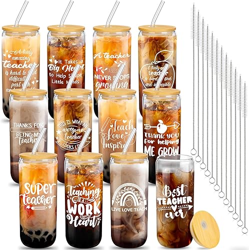Umigy Regalos de agradecimiento para profesores, vasos de vidrio de cerveza con forma de lata de 16 onzas con tapas, cepillos para pajitas, regalos
