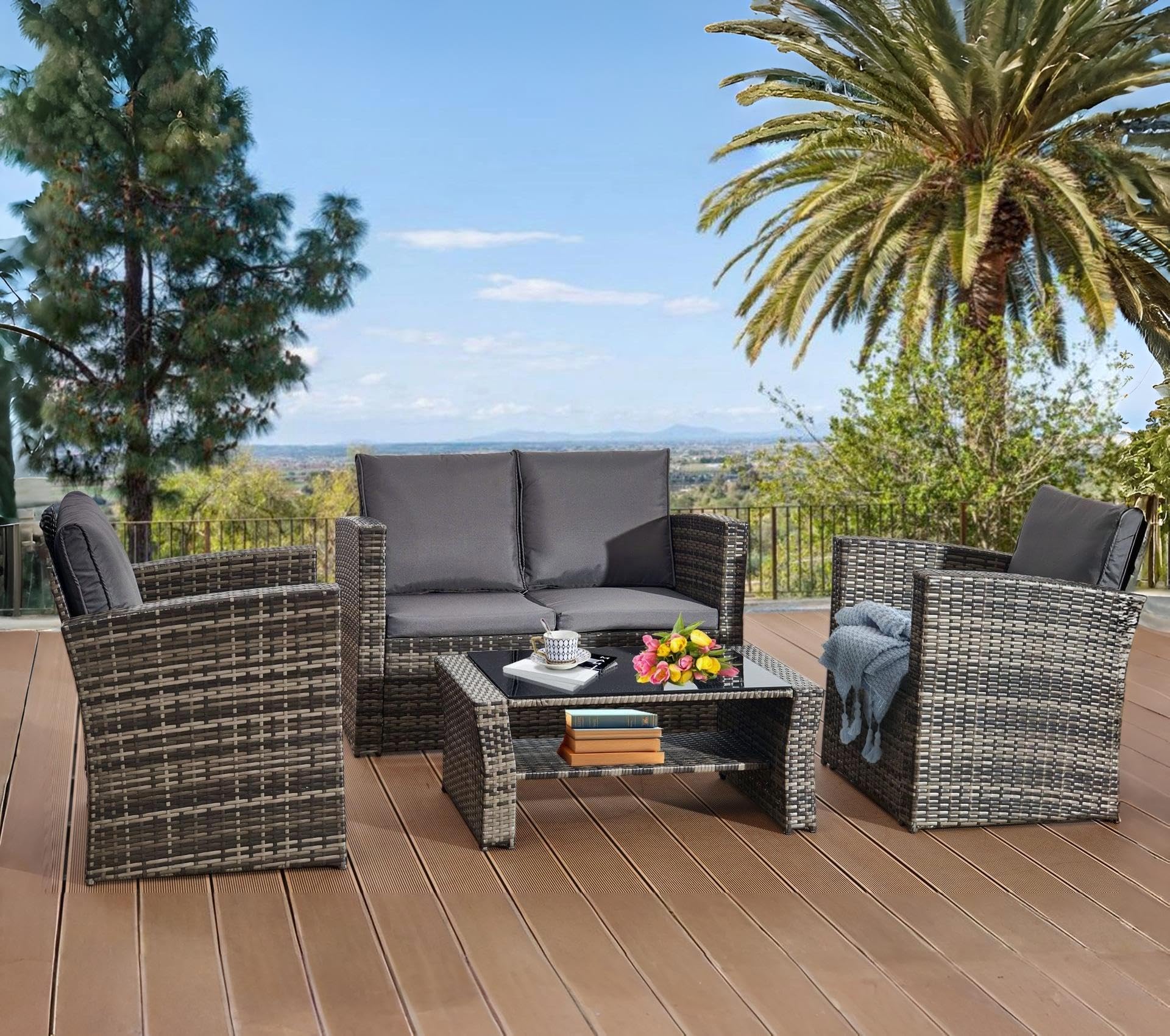 XEO HOME 4PCs Rattan Garden Furniture Sofa Set 4 Piece Patio Weaving Wicker includes: 1 Double seat Sofa, 2 Armchairs, Seating & Back Rest Cushions and Tope Glass Table Outdoor Indoor Conservatory