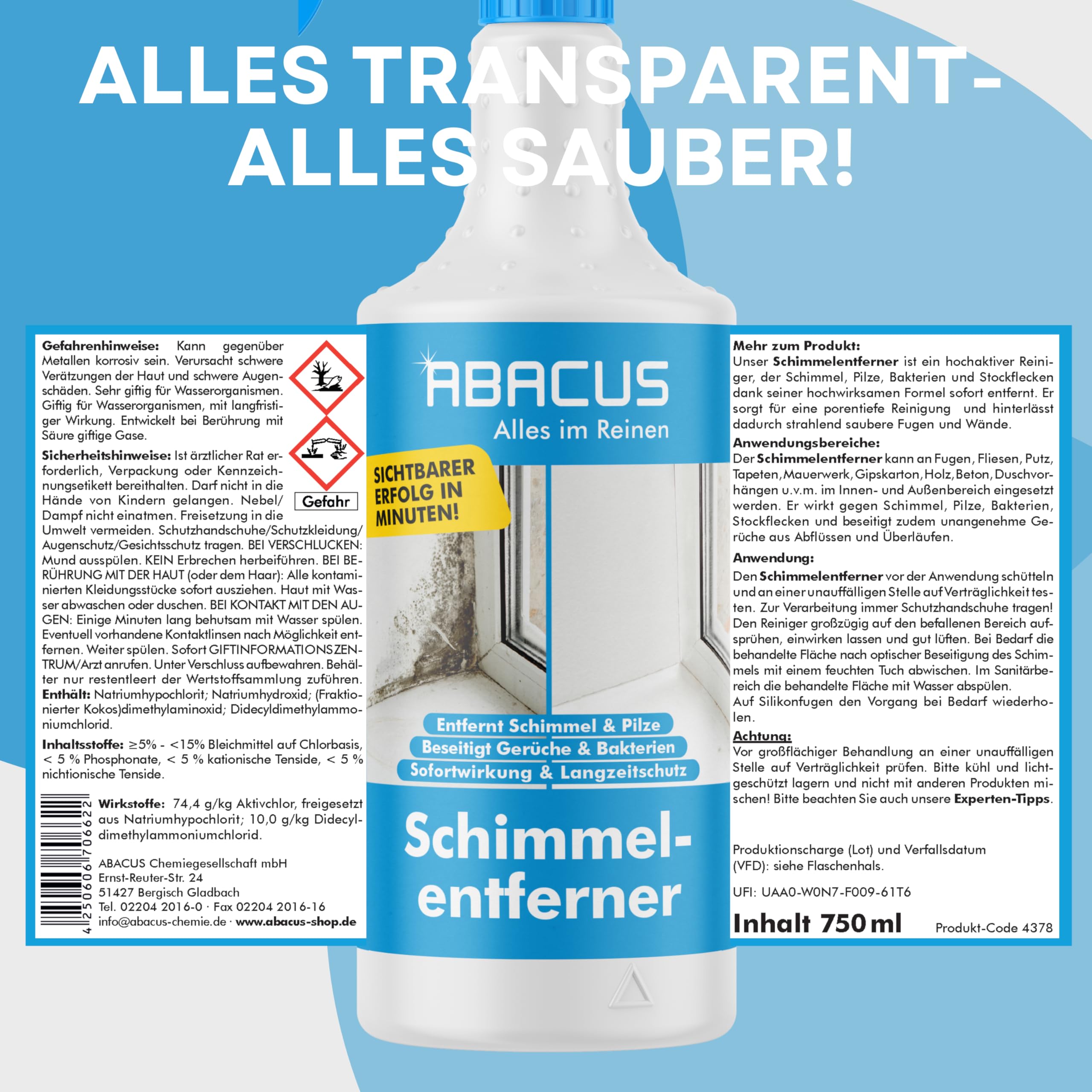 ABACUS Antimuffa, 2 x 750 ml, spray antimuffa con effetto immediato e effetto a lungo termine, con nuova formula di cloro attivo, per pareti, bagno, fughe, carta da parati e molto altro ancora, extra