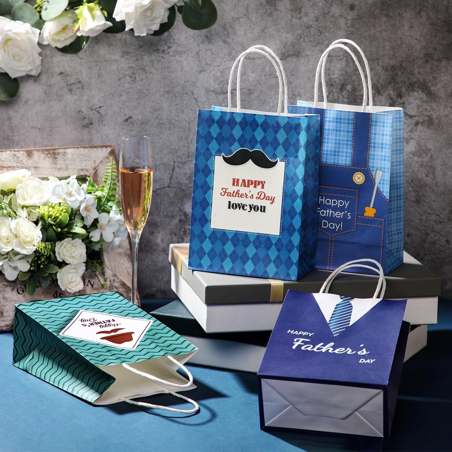 Saypacck 100 Pcs Fathers Day Gift Bags with Handle Bulk Blue Reusable Kraft Paper Tote Goodie Candy Package Shopping Present Wrap Bag for Happy Father Dad Grandpa Men Birthday Party Supplies (Bright)