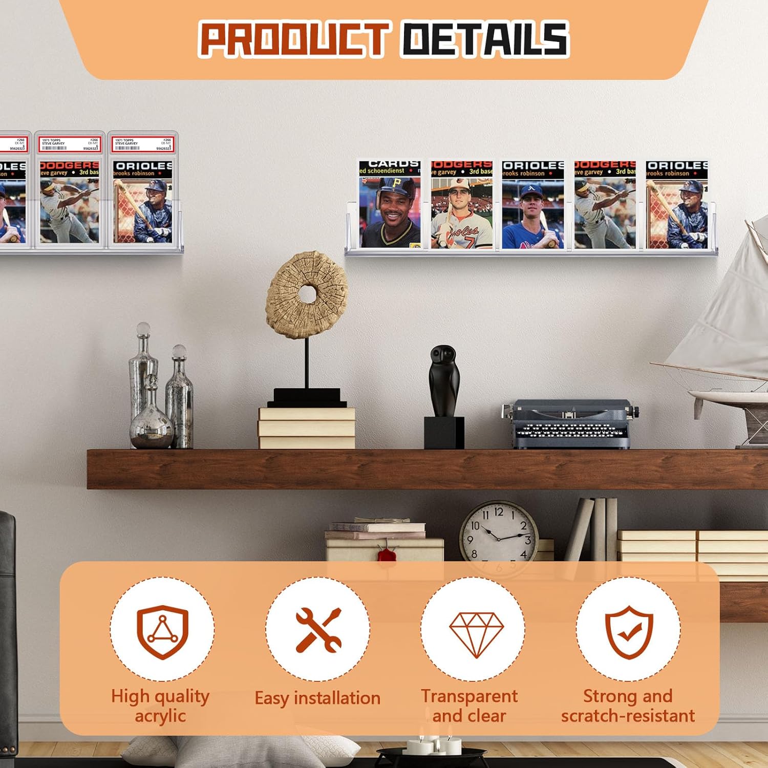 Threehoney 2 Pcs Sports Baseball Card Display Shelf Wall Mount, Each Holds 4 Graded Cards or 5 Trading Cards, Acrylic Display Case Sleeved Compatible with Psa SGC Graded Tradin
