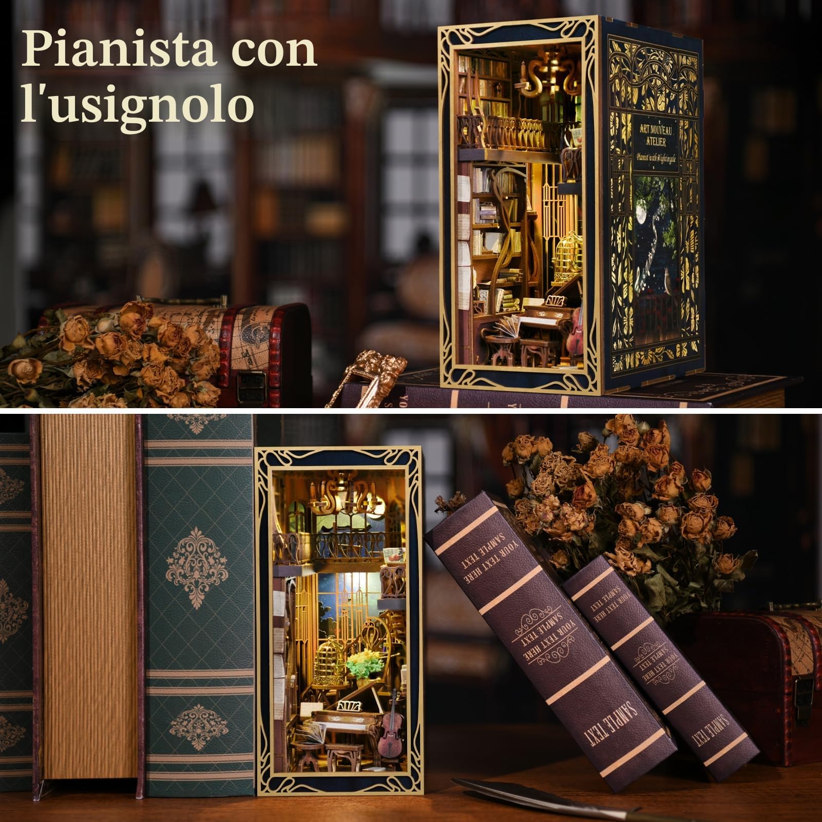 MiniCity Kit per libri fai da te, in miniatura, per casa delle bambole, in legno 3D, per libri e libri, decorazione per ragazzi e adulti (pianista con nightingale)