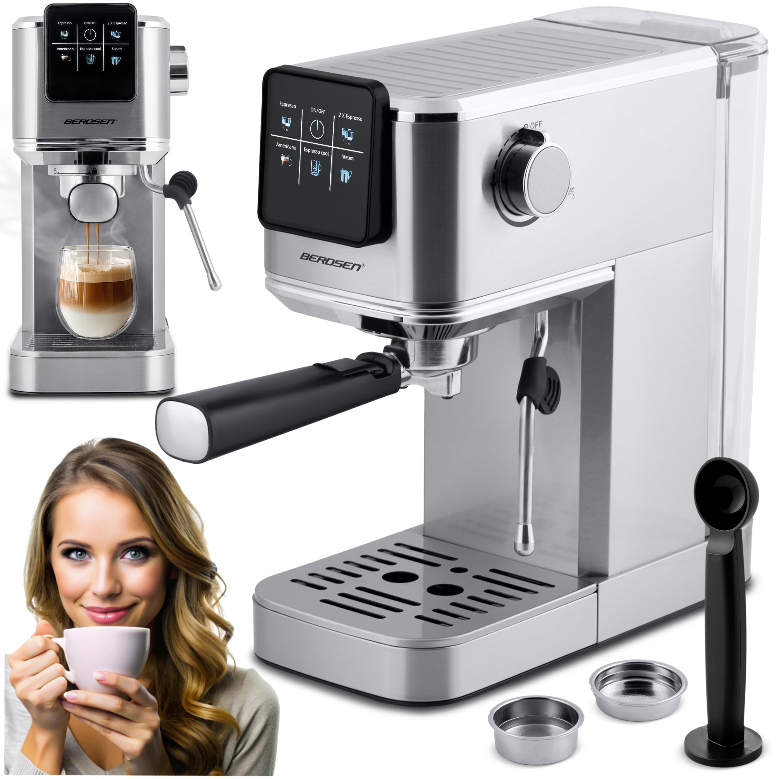 Berdsen Kaffeemaschine - Espressomaschine Siebträgermaschine - 1,2 L 20 Bar - Milchaufschäumer - 2 Filter - Cool Espresso - Silber