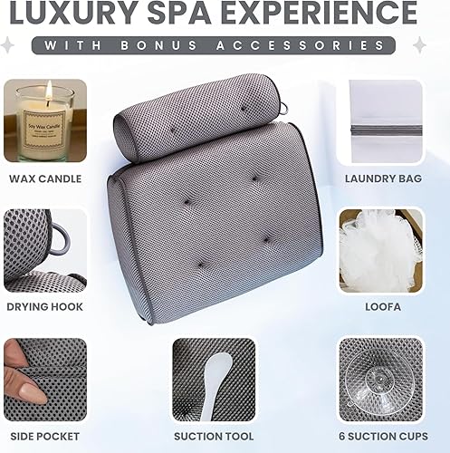 Miniatura 4 de Almohadas de baño de lujo para bañera, accesorio relajante para tina, almohadas de bañera para cabeza y espalda con vela de cera de soja, bolsa de