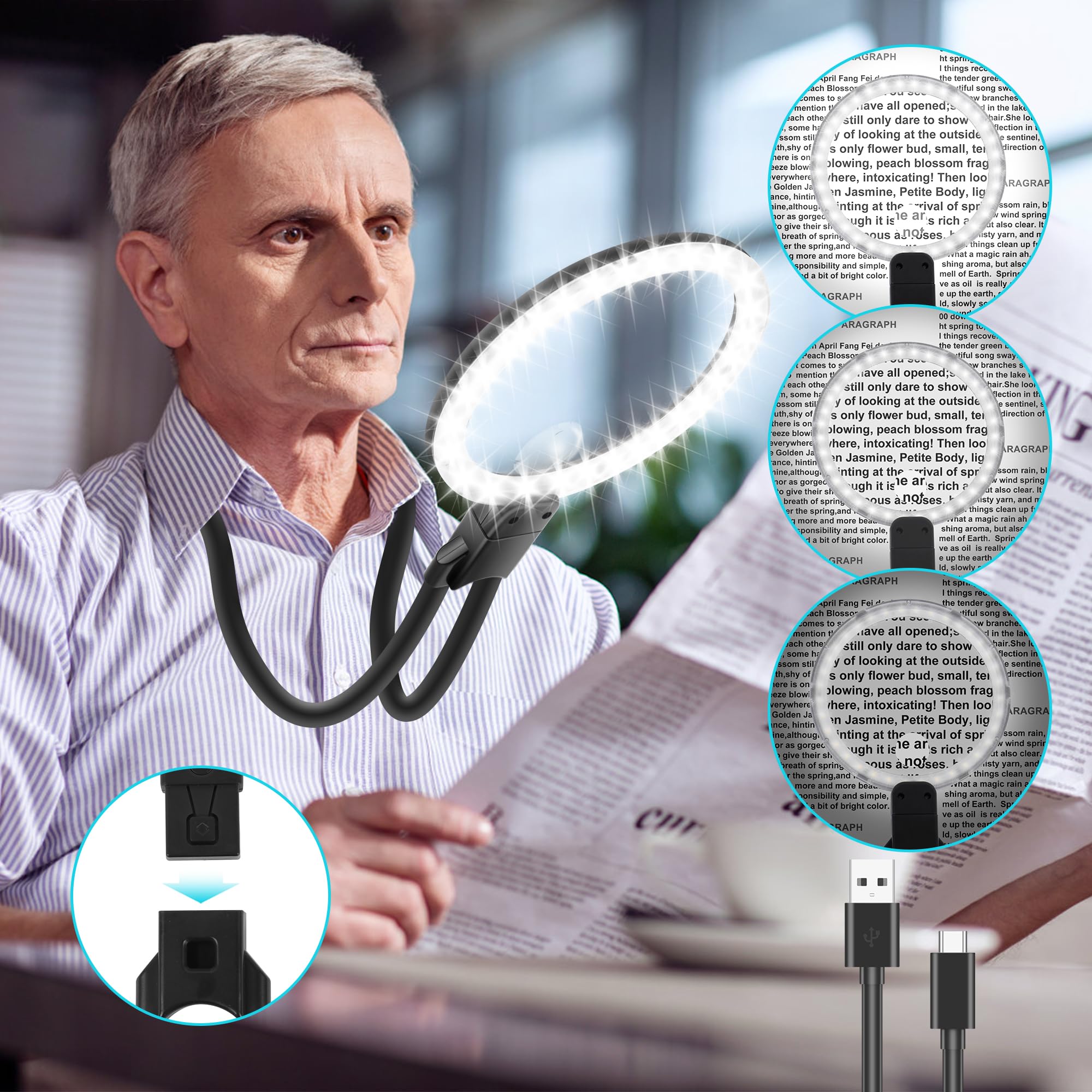 5X 15X Hands Free Magnifying Glass with Light for Reading, Flexible Gooseneck Magnifier for Close Work, Large Magnifying Glasses for Seniors,Crafts, Sewing