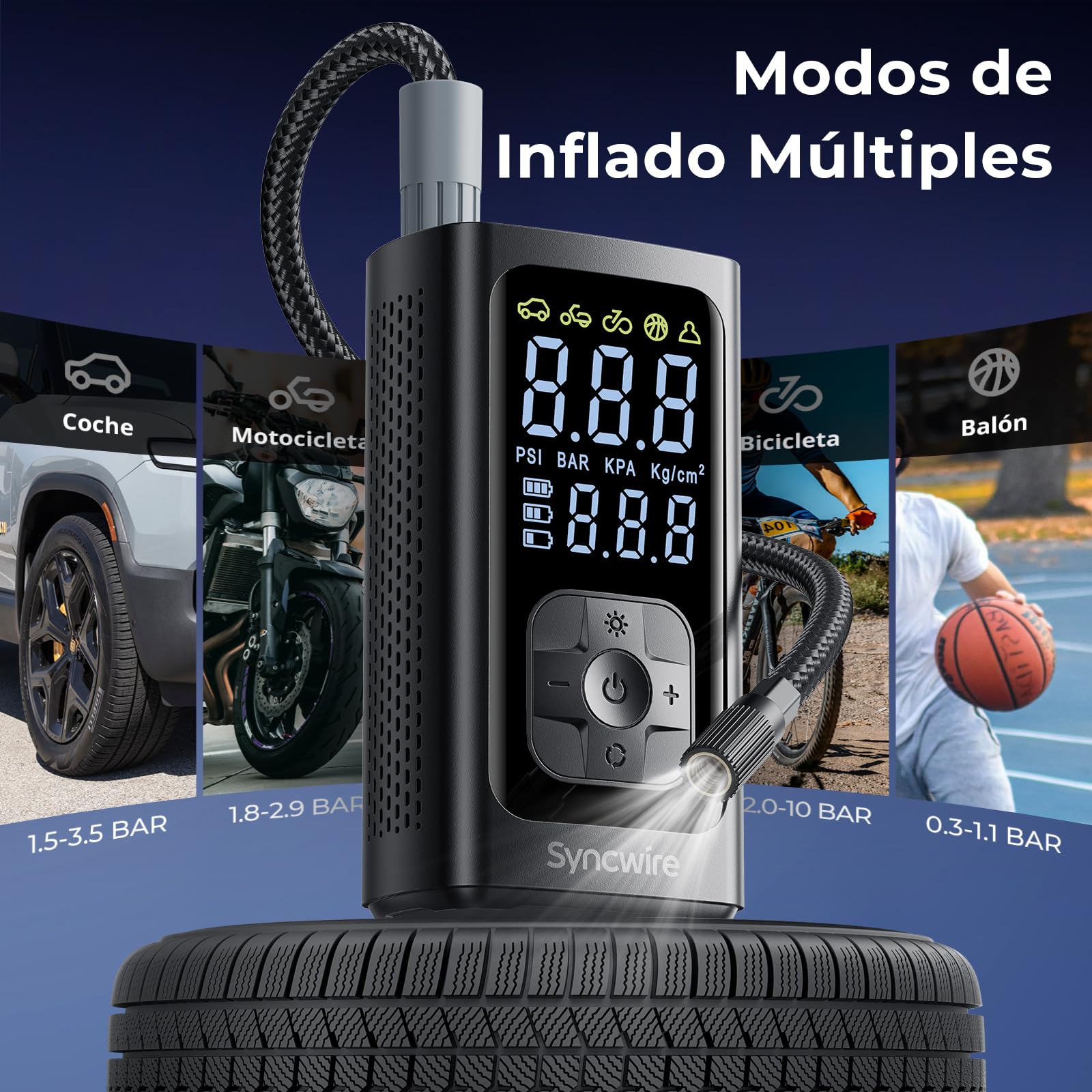 Syncwire Compresor Aire Portatil - 10.35Bar máx Inflador Electrico Compresor Aire Inflación Más rápido Bomba Aire para Coche, Motos, Bicicletas, Pelotas, con Tapas de Válvula de Neumáticos, LCD Grande