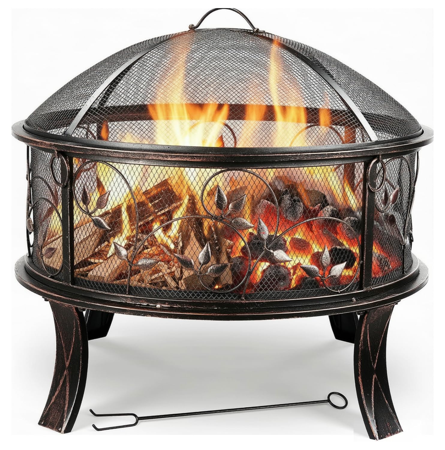 Braciere da giardino, braciere con parascintille, effetto retrò, con griglia per poker e carbone, riscaldamento in inverno, 4 PCS piede, motivo erba, Ø 71 x 65 cm, per giardino, campeggio, spiaggia