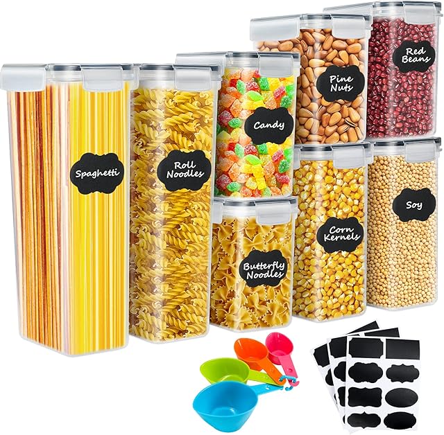 YMERSEN Storage Jars Set of 8, Plastic Cereal Storage Container Leak-Proof Airtight Food Storage BPA-Free Containers with Spoon & Label, for Pasta Rice Rlour Sugar Dry Food etc, Transparent, cwg001