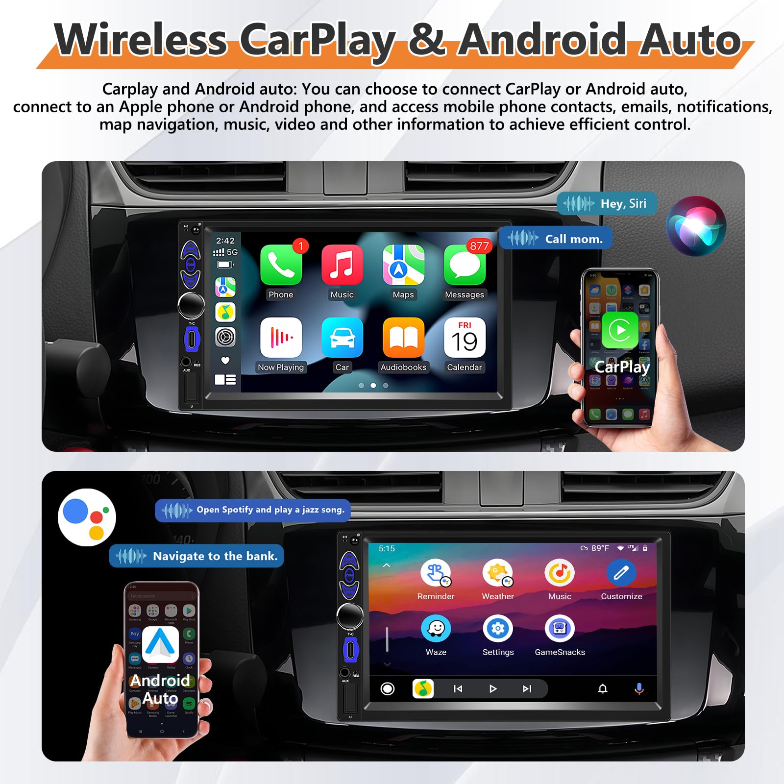 Double Din avec CarPlay/Android Auto sans Fil, 4+64 Go, 2 din, écran Tactile Android 7 Pouces, Navigation GPS, Bluetooth, FM/AM/RDS, WiFi, écran partagé + caméra de recul
