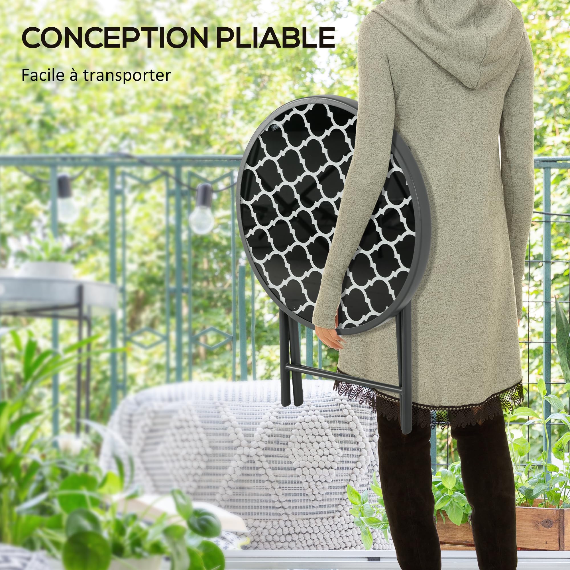 Outsunny Table Basse Pliante Verre trempé Métal Ronde 45cm Jardin Patio Balcon Noir Blanc