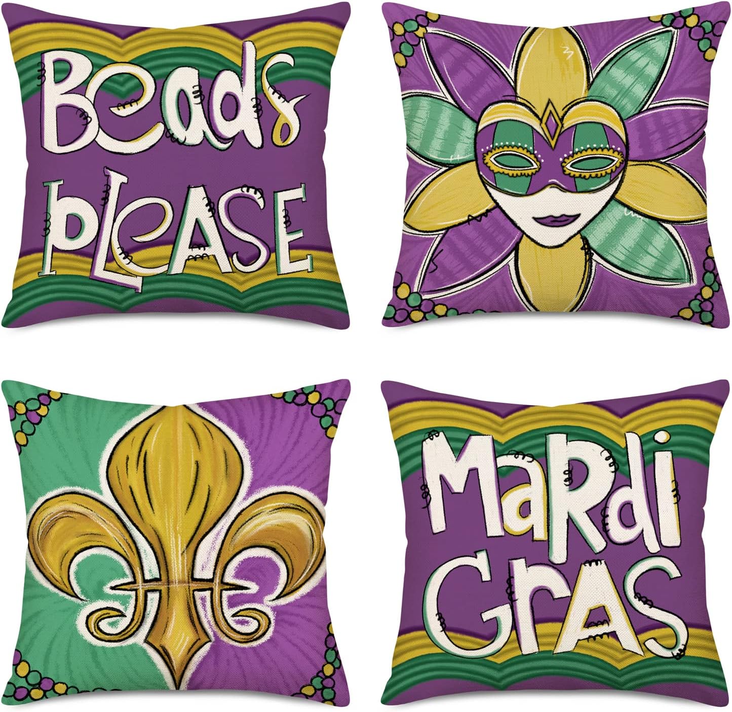 Fukeen Mardi Gras Pillow Covers 18 x 18 Inch Set of 4 for Beads Please Masquerade