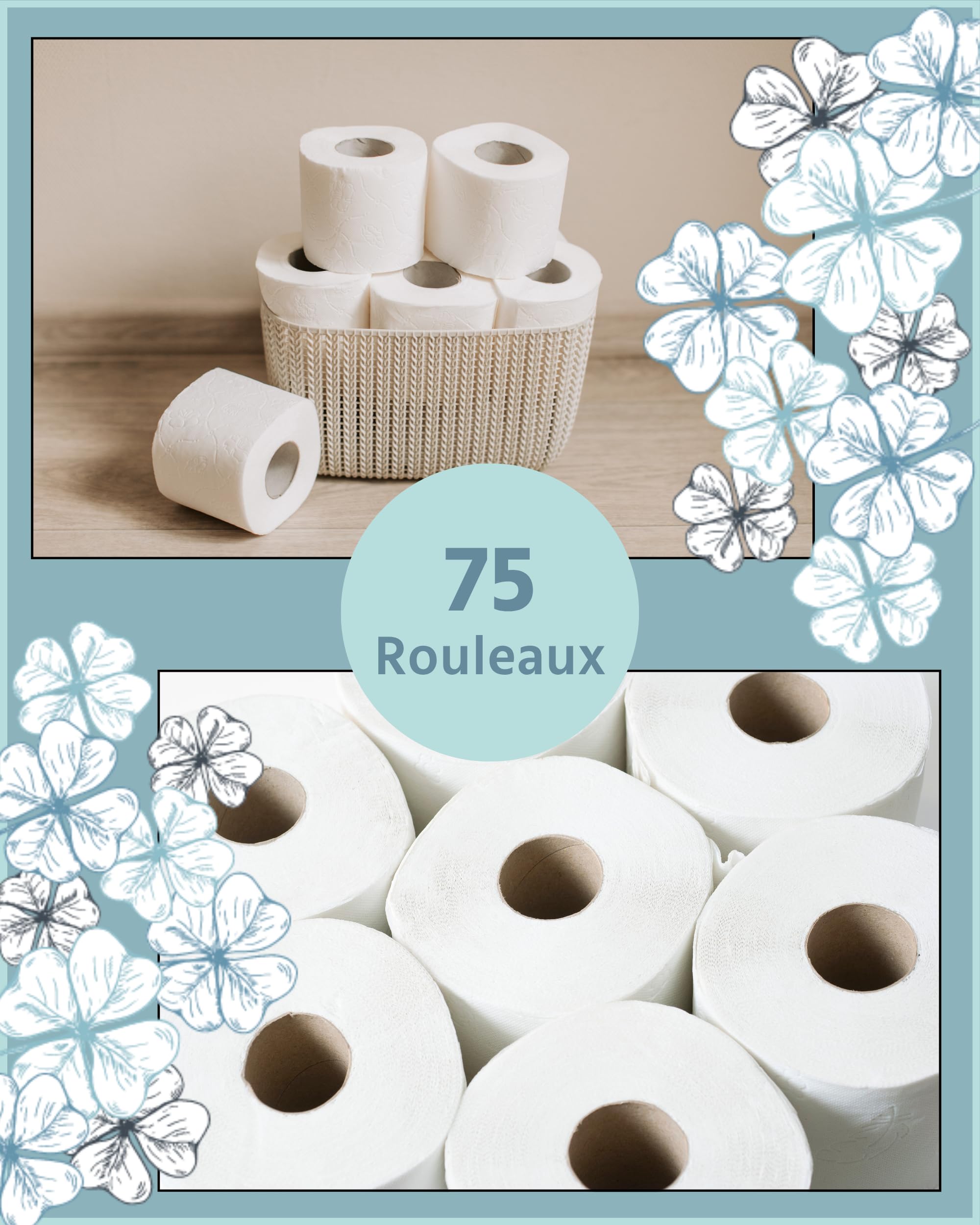 Glücksblatt Boîte de Papier Toilette Blanc 3 Plis, 75 Rouleaux x 180 Feuilles, 100% Cellulose, Super Doux, Grand Format Pack Économique XXL pour Famille et Professionnels