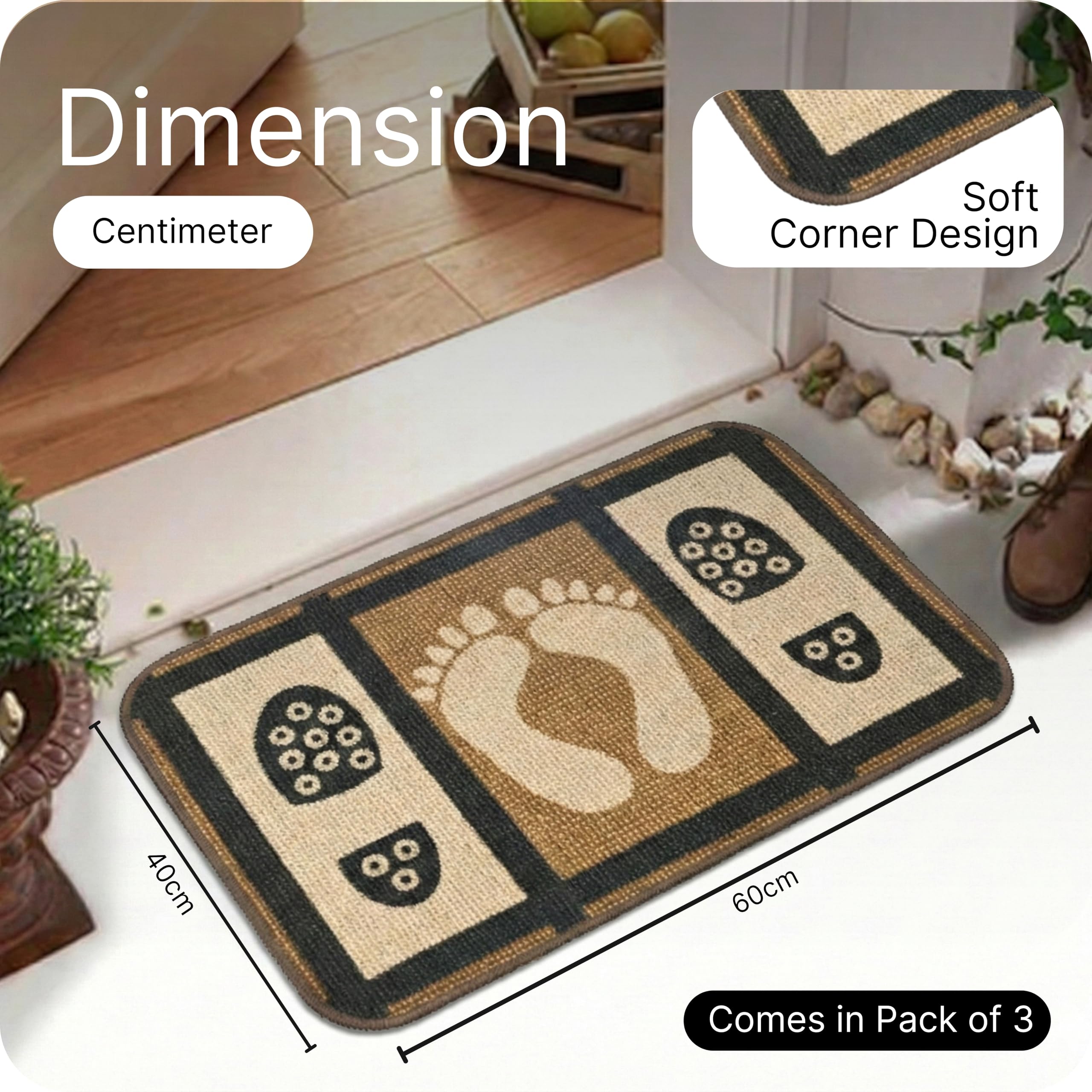 SARAL HOME EASY LIVING Jute Printed Rectangular Doormat, Set of 3|Durable & Washable Doormat for Home/Kitchen/Lobby/Outddoor|Living Room Rug for Entrance Door (Brown, 40x60 cm) 1