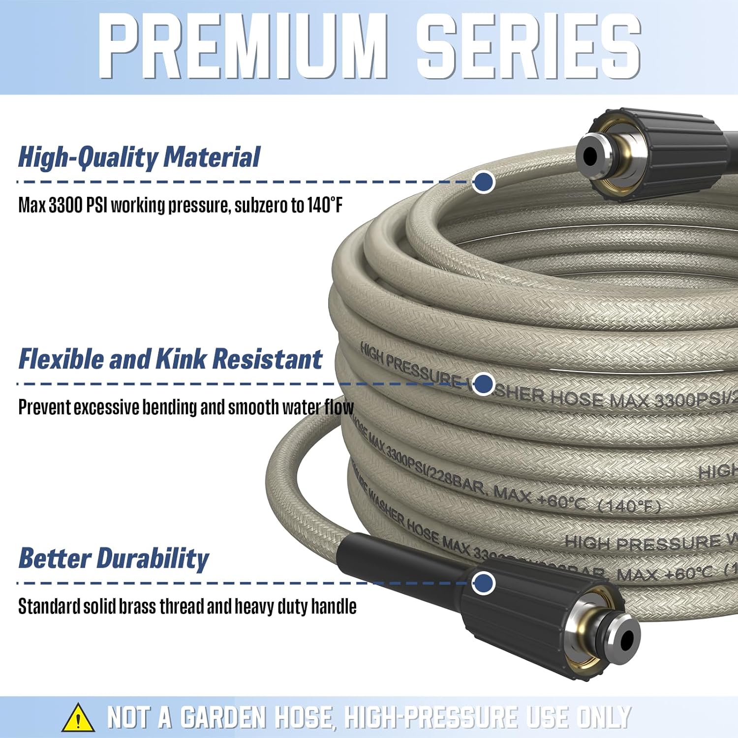 PVC Pressure Washer Hose 50 FT x 1/4", Kink Resistant Power Washer Hose, High Pressure Water Hose Extension Replacement for Home Use with M22-14mm Brass Fittings, 3300 PSI, Gray