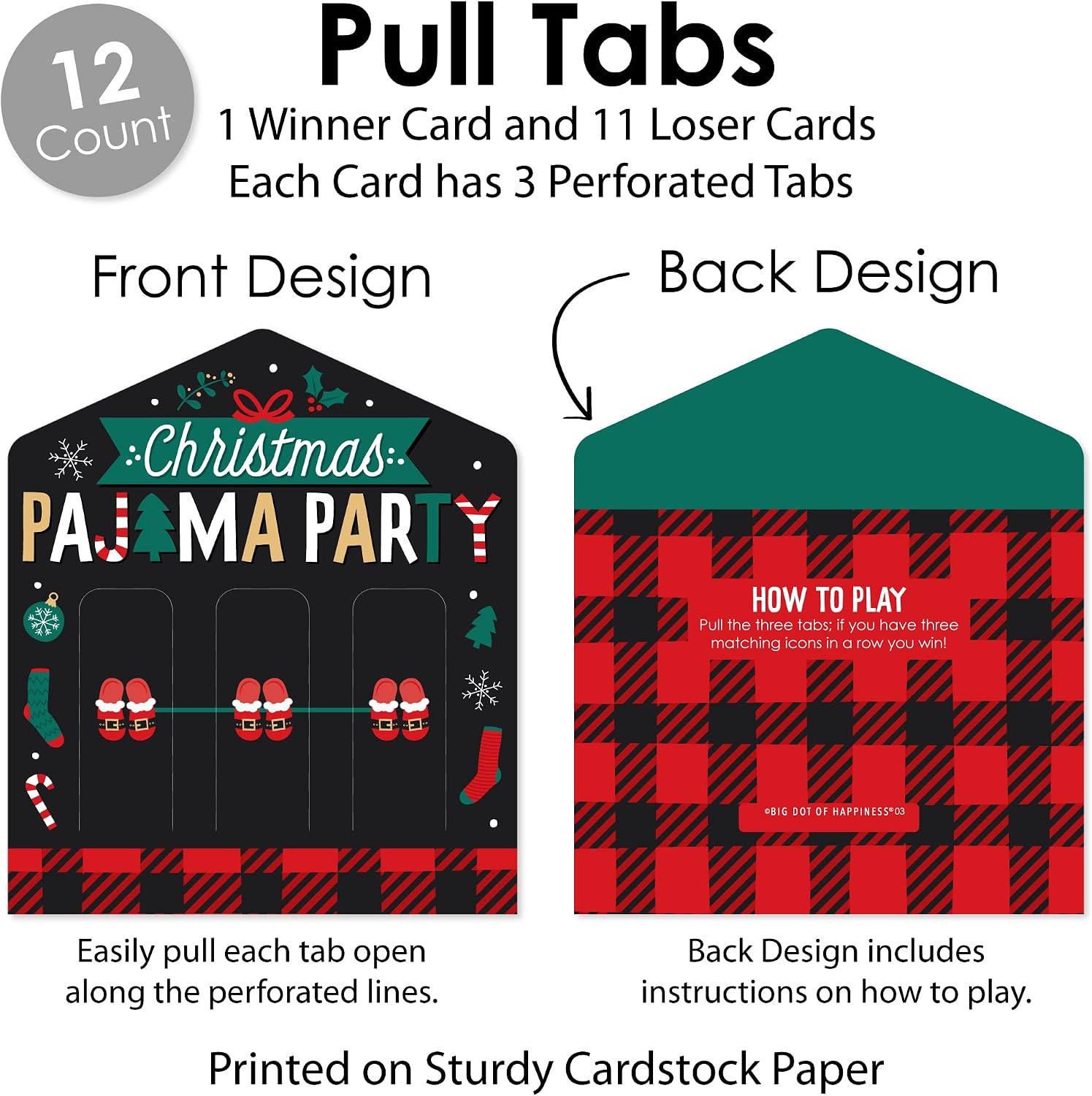 Big Dot of Happiness Christmas Pajamas - Holiday Plaid PJ Party Game Pickle Cards - Pull Tabs 3-in-a-Row - Set of 12 image 4