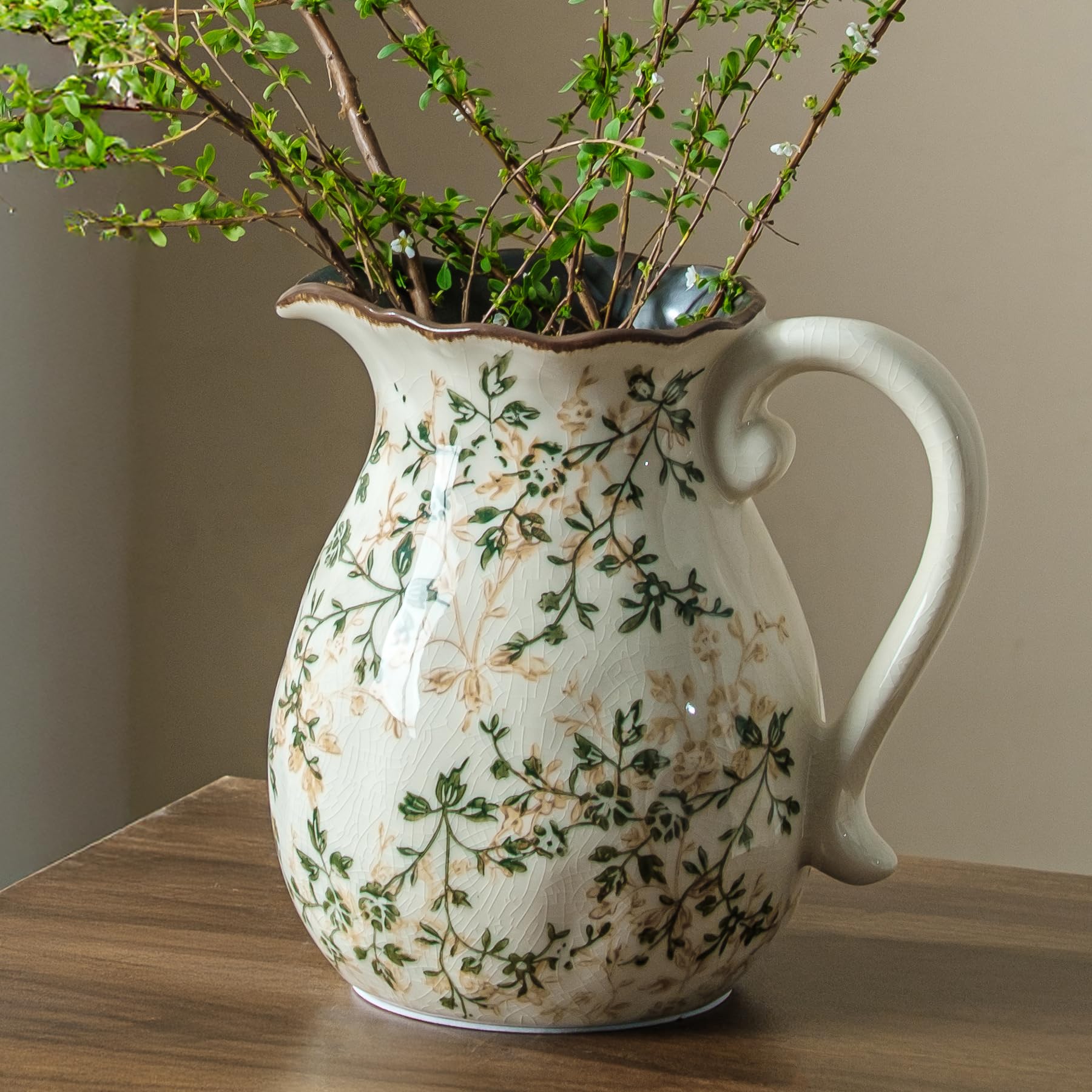 Ceramic Flower Vase for Home Decor, Vintage Green Pitcher Vase 8 Inch