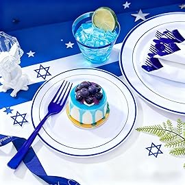 WELLIFE 350 Pcs Blue Plastic Plates for 50 Guests - Plastic Dinnerware Set,Party Supplies Includes 100 Blue Disposable plates,150 Silverware,50 Napkins,50 Cups,Hanukkah Plates