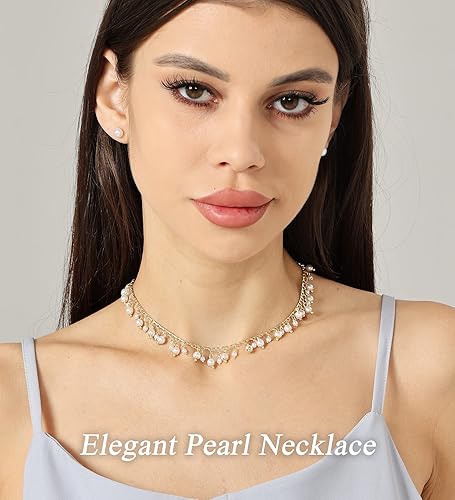Vista 5 de KesaPlan Juego de collar de perlas, collar de perlas ajustables chapado en oro de 14 quilates y pulsera de perlas y aretes de perlas para mujer