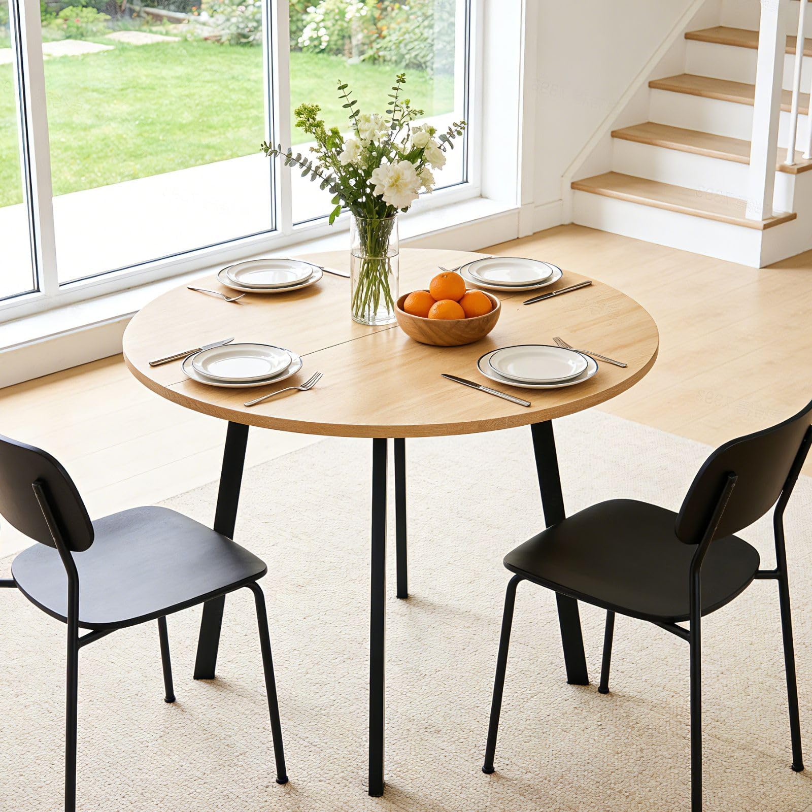 Karl home 35.4in Small Dining Table, Round Dining Table with Wood Finish Steel Legs, Circle Dinner Tables for Small Space, Apartment, Office, Kitchen, for 2 to 4 Person-Natural