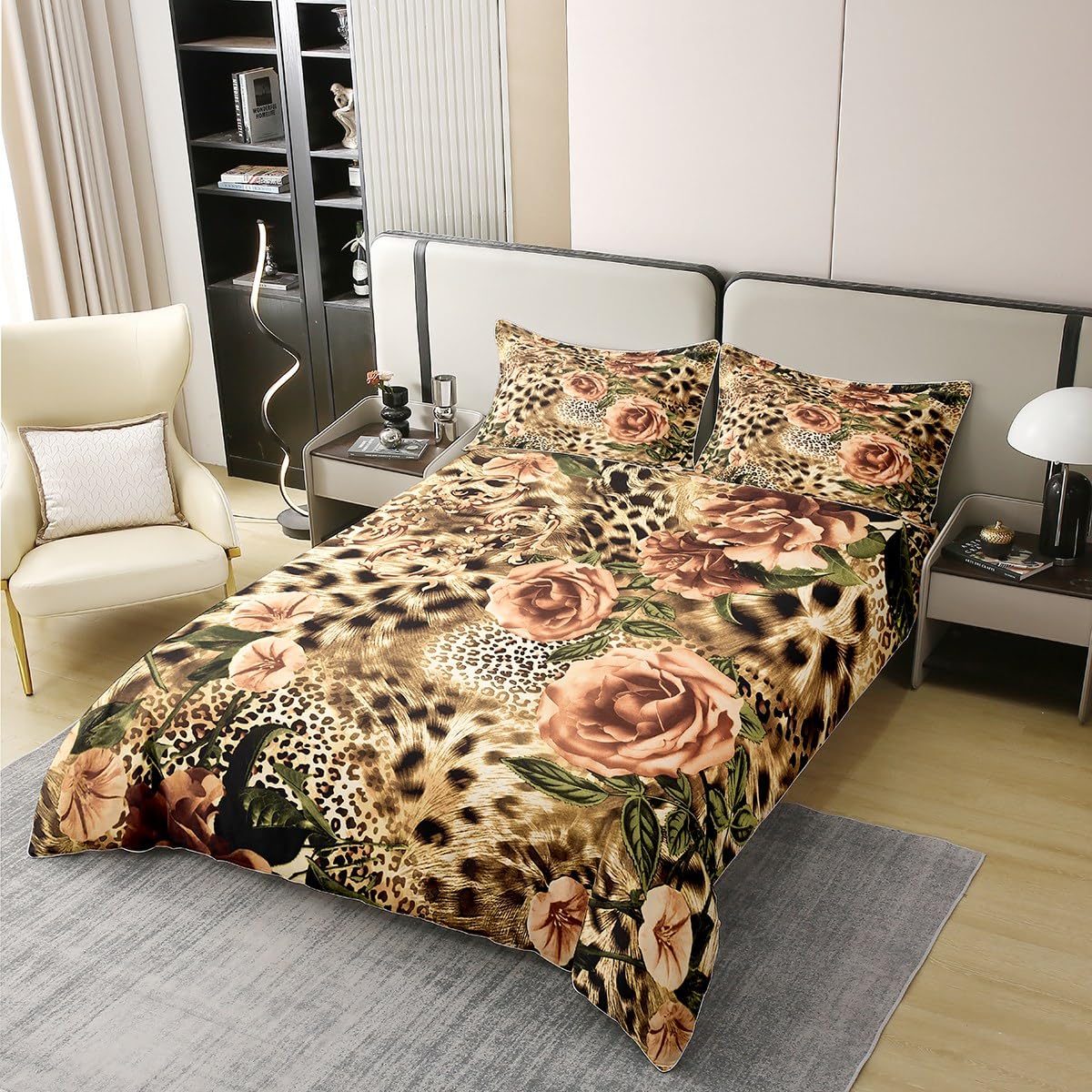 Erosebridal 100% Natural Cotton Leopard Duvet Cover King Rose Bedding Set for Kids Girls Women Boho Floral Brown Comfy Comforter Cover Cheetah Animal Pattern Soft Breathable Bedroom Decor Quilt Cover