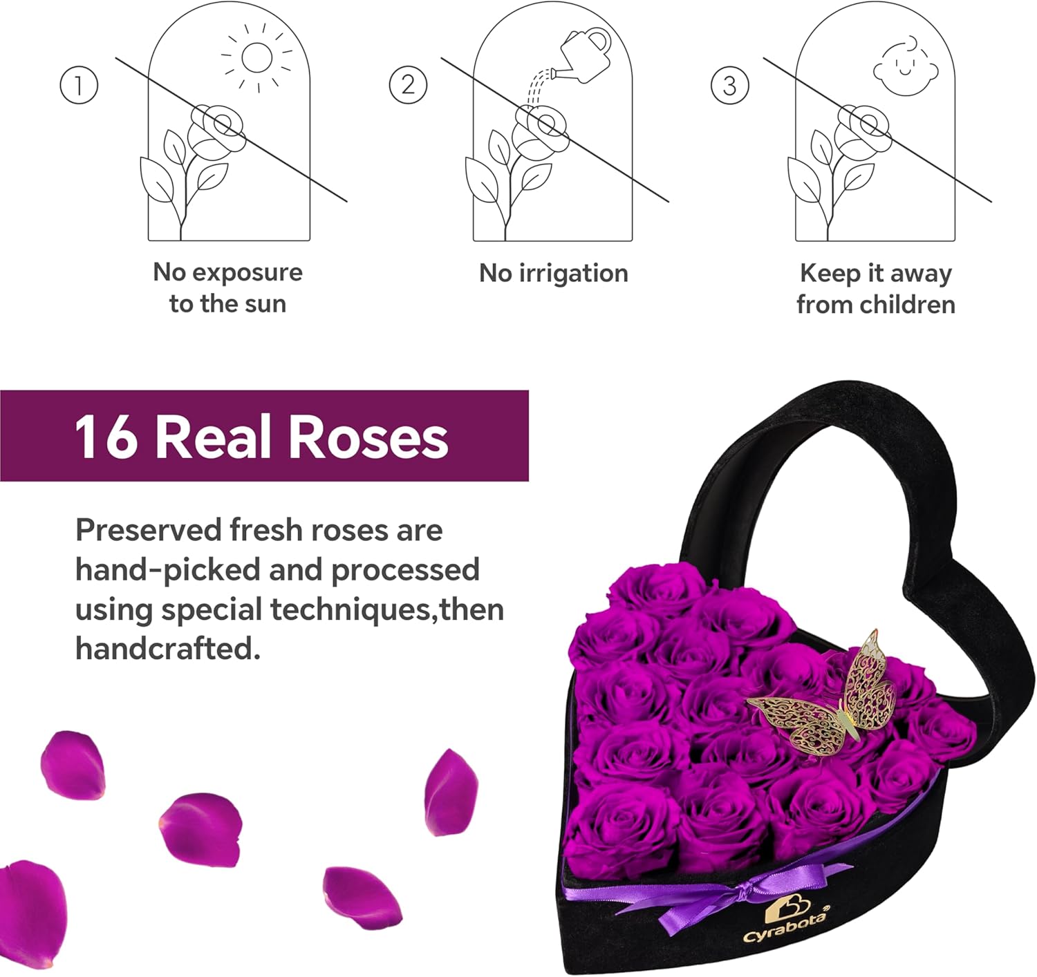 16 Preserved Real Roses in Heart Shape Box, Forever Flowers Gift for Her Women Wife Mom Valentines Day Birthday Anniversary Purple - Image 4