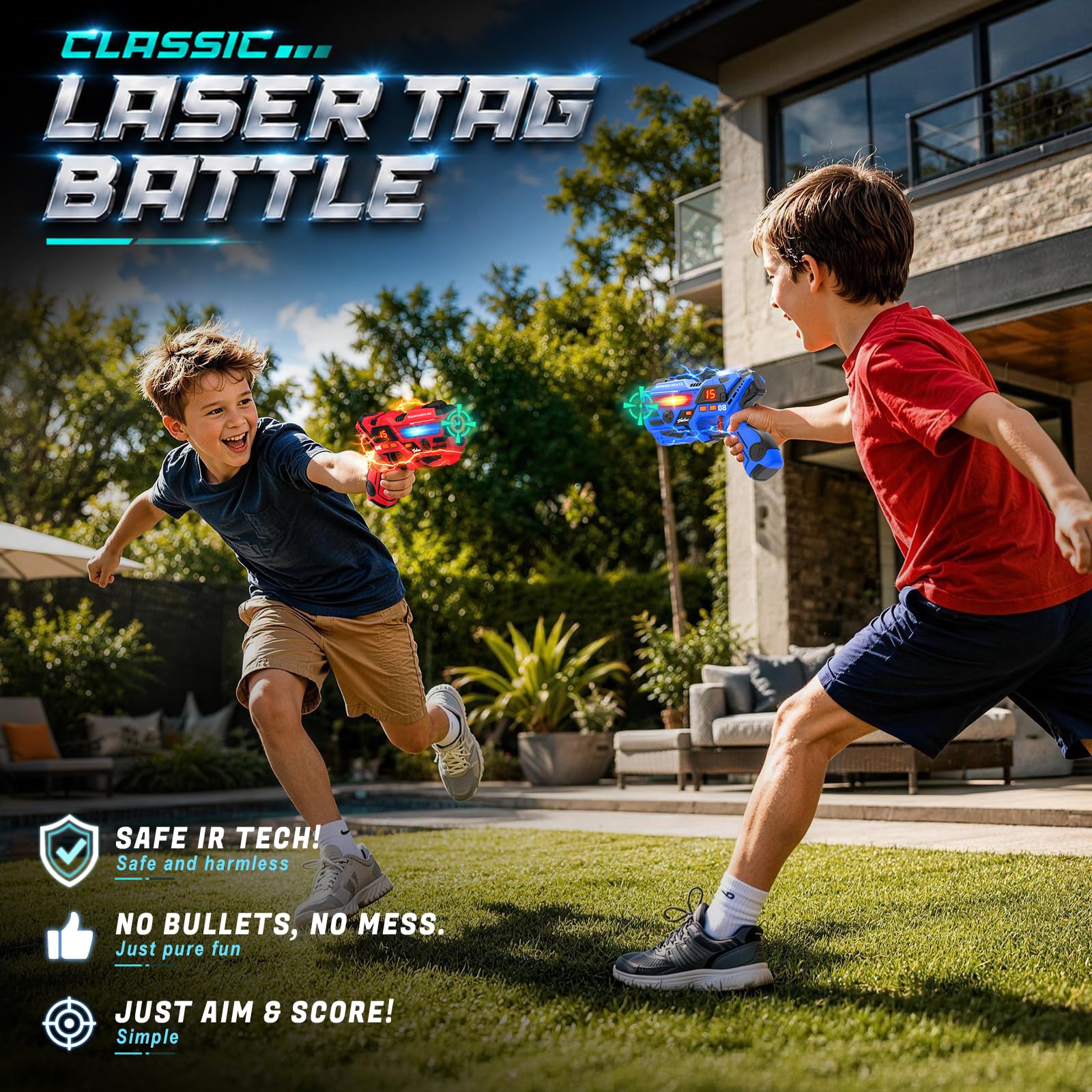 VATOS Wiederaufladbares Laser Tag Set, 2 Infrarot Laser Tag Pistolen, Interaktive Projektion mit LED-Punktestandanzeige und 3 Zielkarten, Unterhaltsames Lasertag Spielzeug für Kinder und Erwachsene