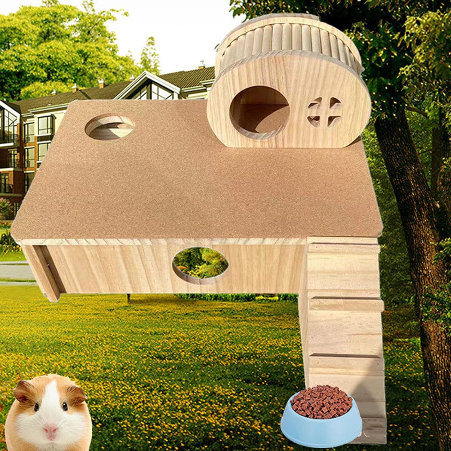 Small Animal Activity Toy Hamster House, Wooden Hamster Playground Platform for Small Pets Chinchilla