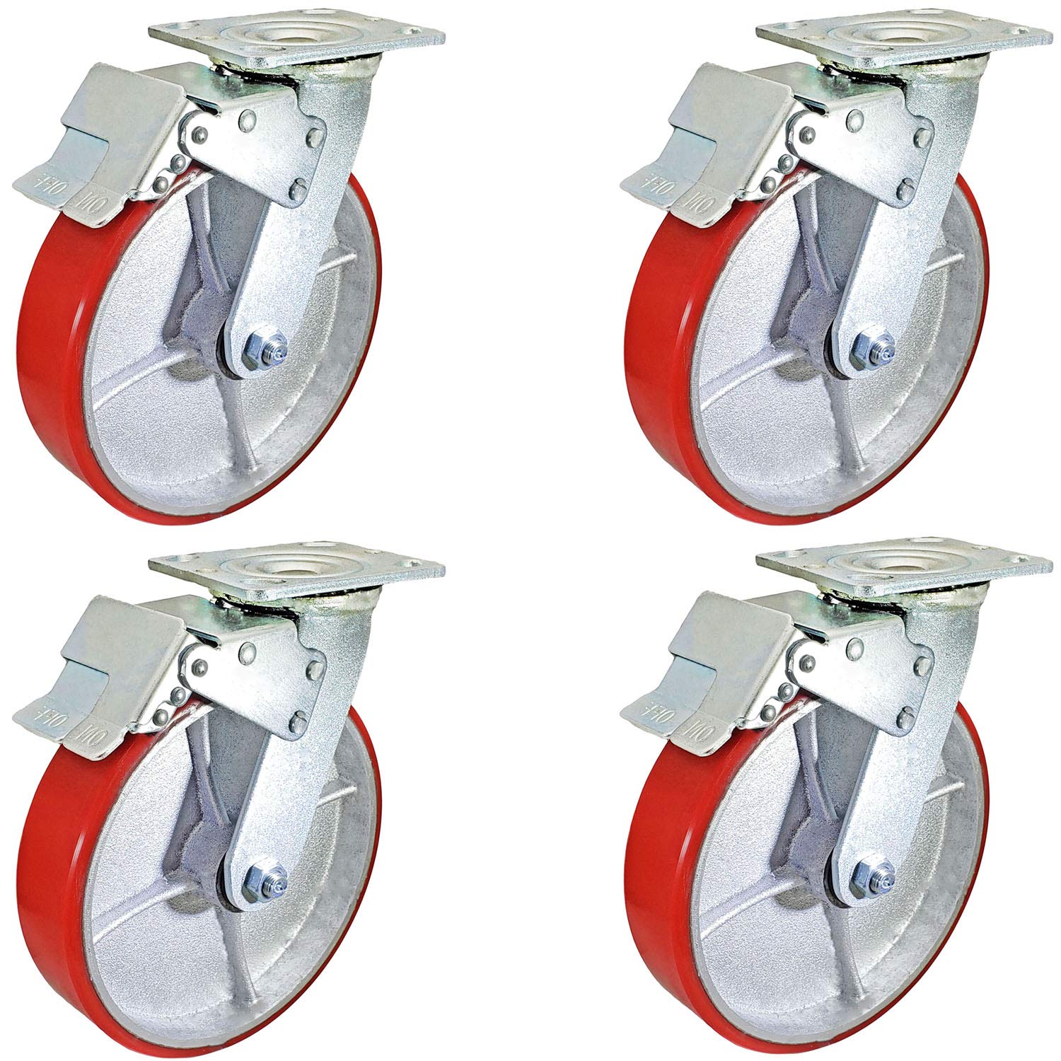 CasterHQ - 8 x 2 Total Lock Caster Set of 4 with Red Polyurethane on Steel Wheel - 5,000 lbs Capacity Per Set of 4