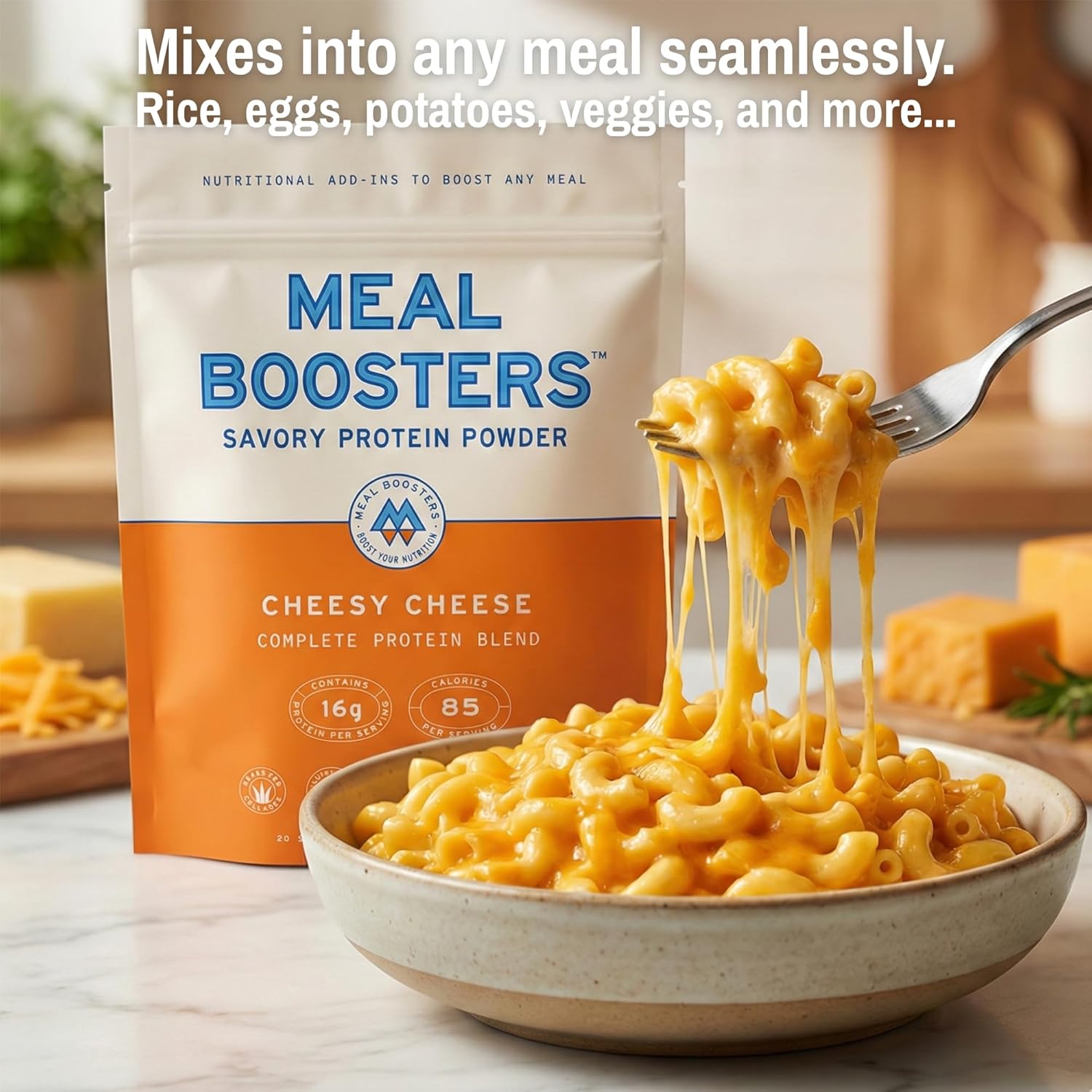 Meal Boosters Savory Protein Powder Supplement | 15–20g Complete Protein Meal Enhancer for Cooking & Prep | Collagen Peptides for Gut, Joint & Support | Keto Friendly, Gluten Free (Cheesy Cheese)