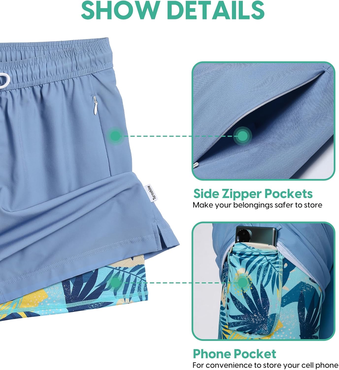 Turnshine Mens Swim Trunks with Compression Liner Stretch 7" Bathing Suit Beach Shorts - Image 5