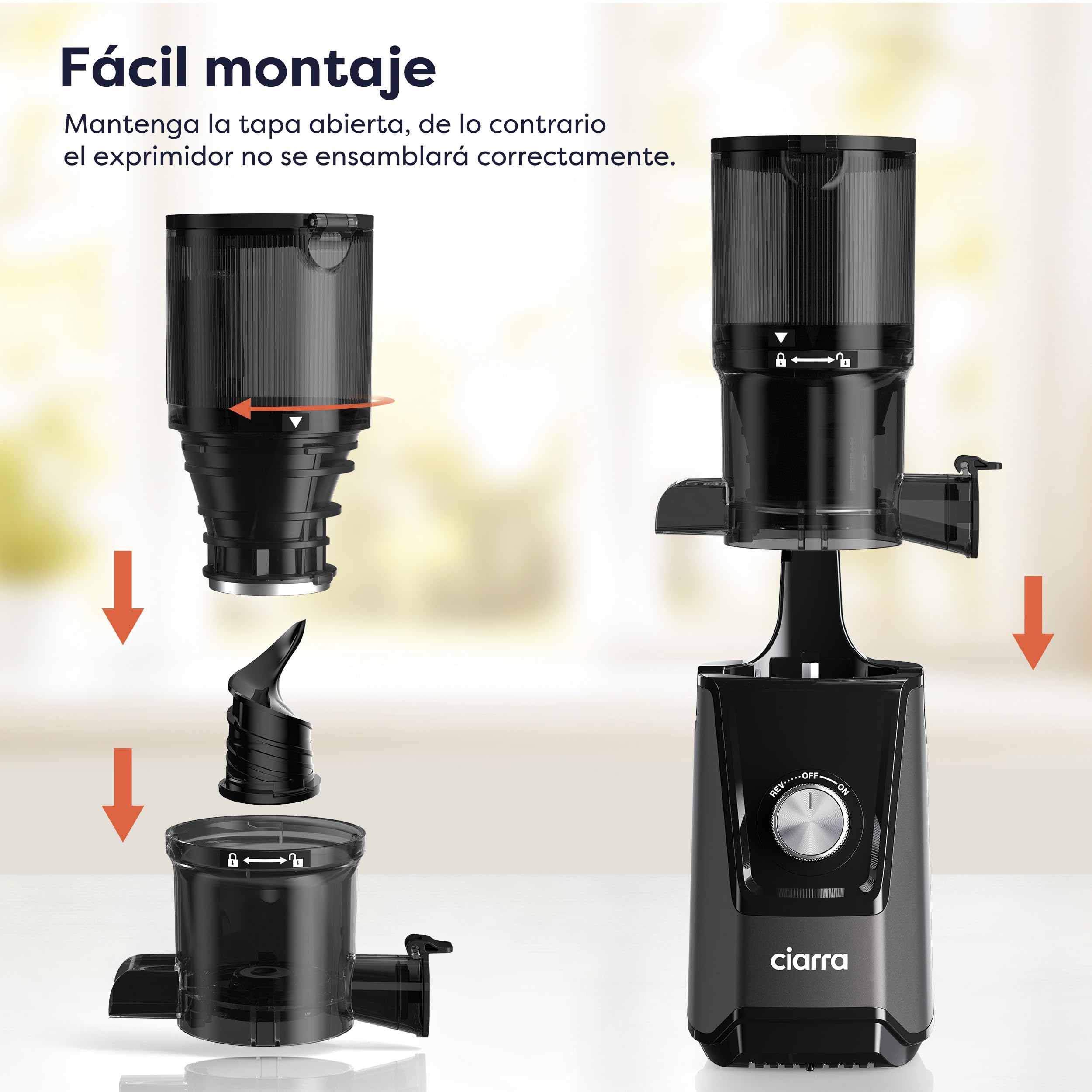Ciarra CBSJ046-G Exprimidor Lento Canal de Alimentación de 108mm Extractor de Zumos y Verduras con Alta Pureza Slow Juicer XXL Licuadora en frío 2 Vasos Incluidos