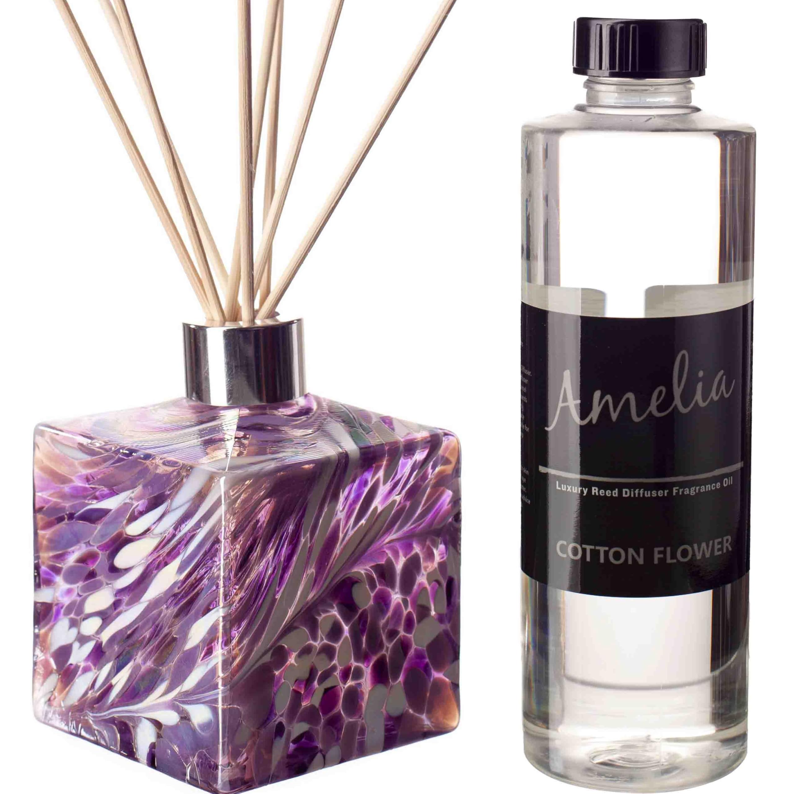 Amelia Art Glass Violet & White Reed Diffuser Gift Set Square - With Cotton Flower Fragrance