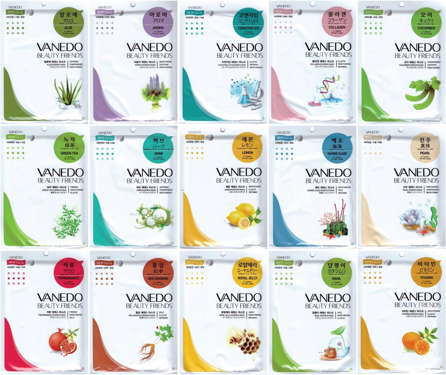 VANEDO [15 Piece Pack - 1 of All type Masks] Beauty Friends Facial Essence Mask for Daily Beauty Routine Made in Korea