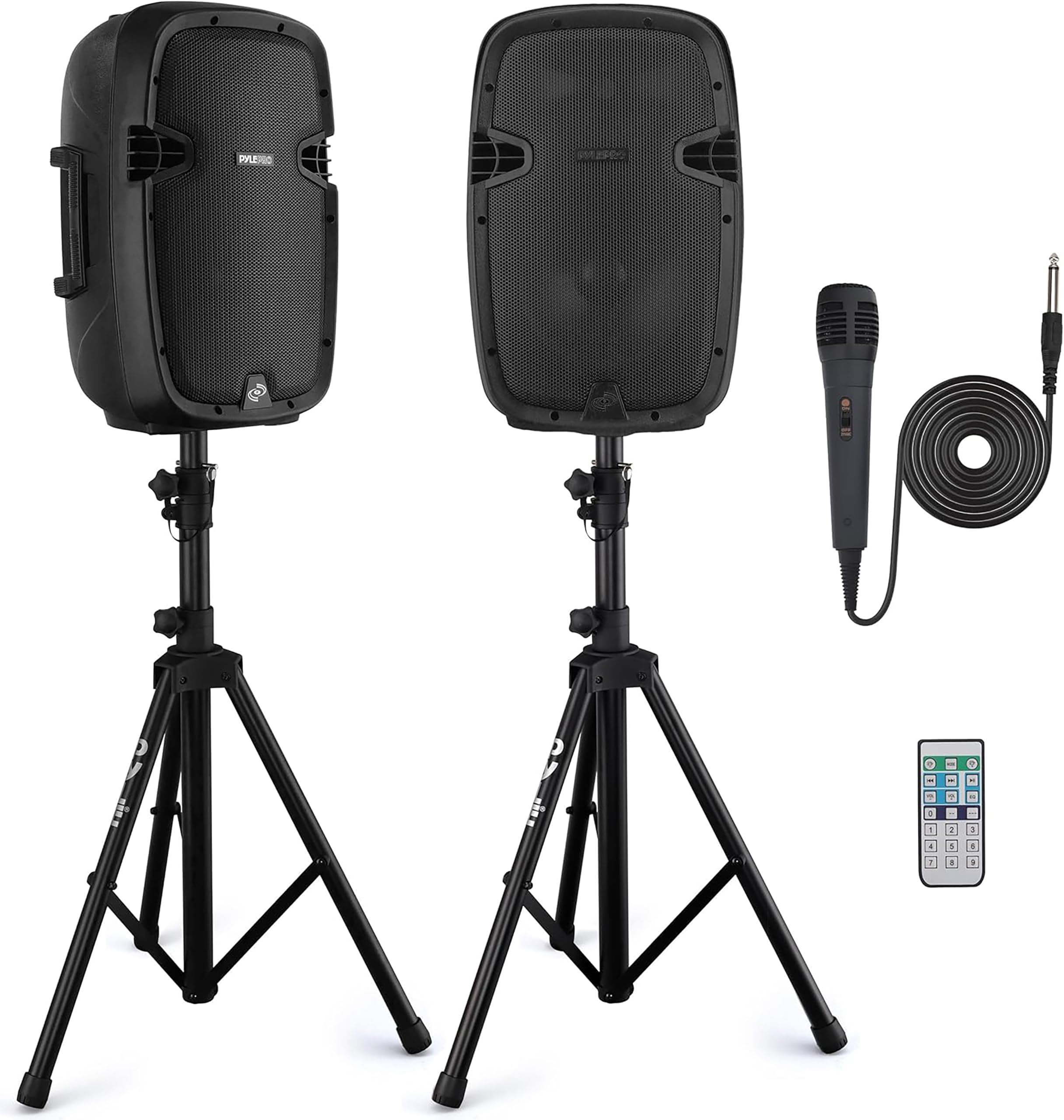 Pyle 1000W Bluetooth PA System – Portable 26cm DJ Speakers with Stands & Wireless Microphone, USB/MP3 Playback, Built-in Amplifier, PA Loudspeaker Set for Parties, Events & Gigs