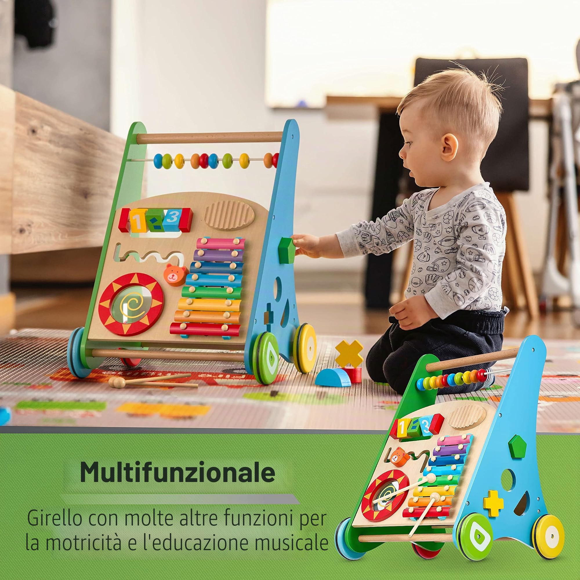 Balinco LEARNING WAGON WOOD, 3 in 1, giocattolo per l'apprendimento + giocattolo musicale + girello da 6 mesi
